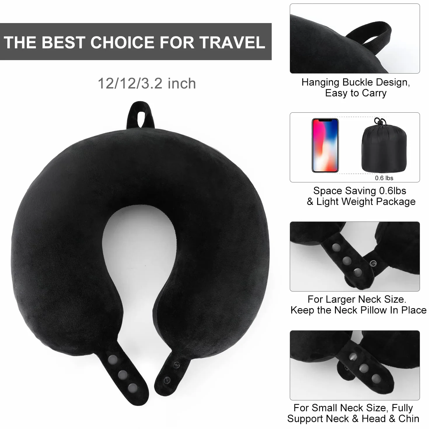 Oreiller de Voyage en Mousse à Mémoire de Forme Soutien Tête Réglable Avion Voiture Maison Noir