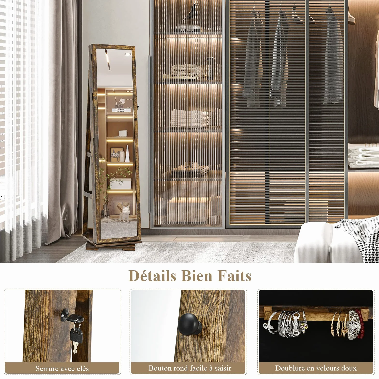 RELAX4LIFE Armoire à Bijoux Pivotante 360º avec Miroir sur Pieds, Verrouillable à Clés, 3 Étagères, Marron Rustique