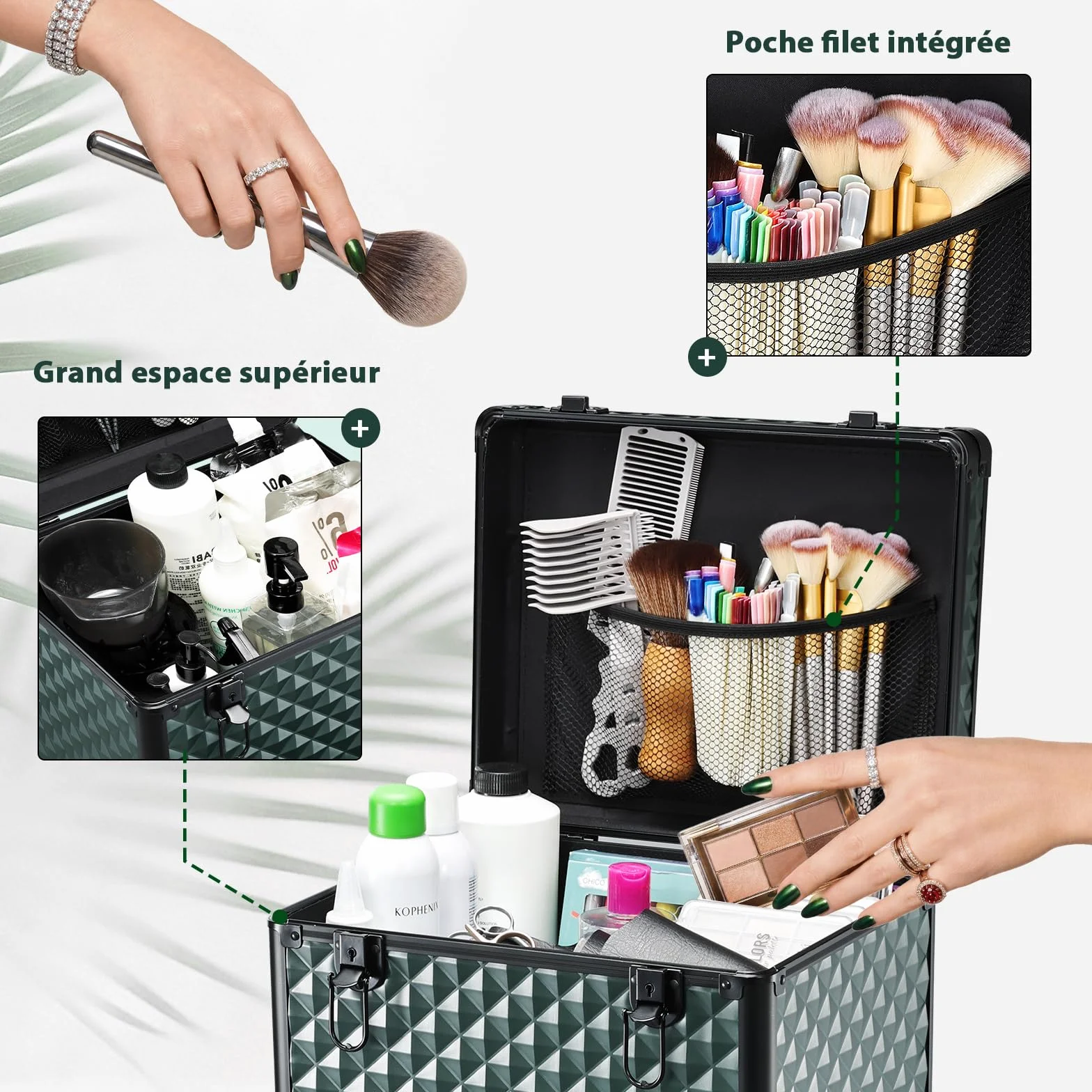 Valise de Maquillage à Roulettes Professionnelle 3 Tiroirs Verrouillage Vert