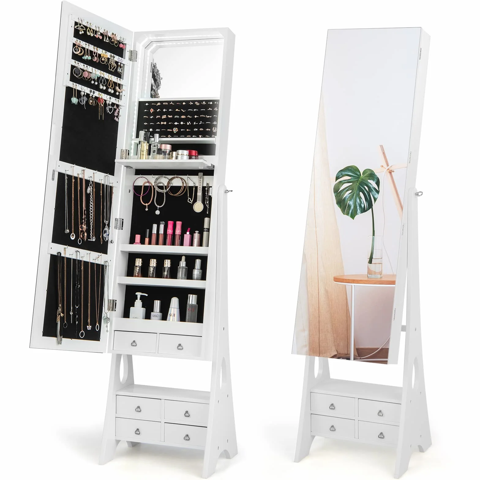 COSTWAY Armoire à Bijoux avec Miroir Pleine Longueur, Lumières LED Intégrées, Étagère de Maquillage Pliable, Blanc