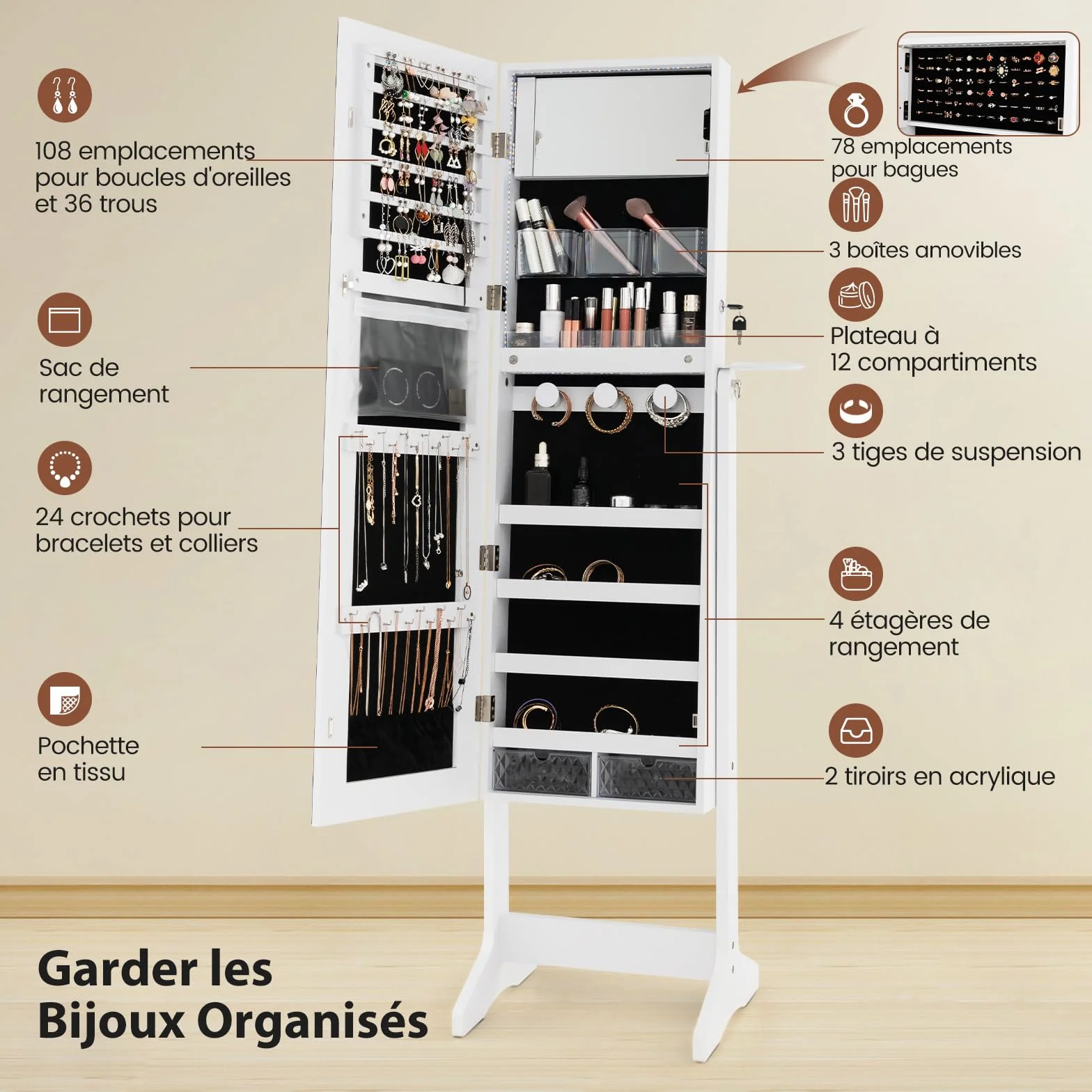 COSTWAY Armoire à Bijoux sur Pied avec Miroir Pleine Longueur, LED 3 Couleurs, Verrouillable, Blanc
