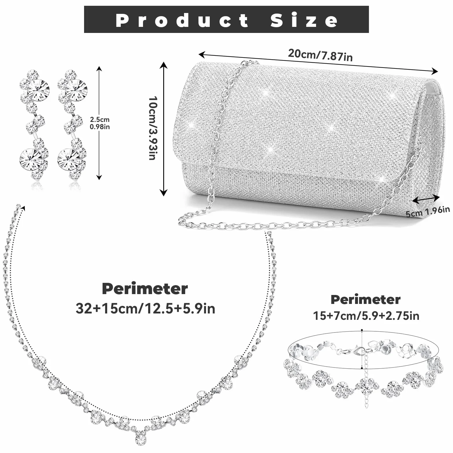 Sac à Main Argenté avec Collier Bracelet Boucles d'Oreilles Pochette Mariage Soirée