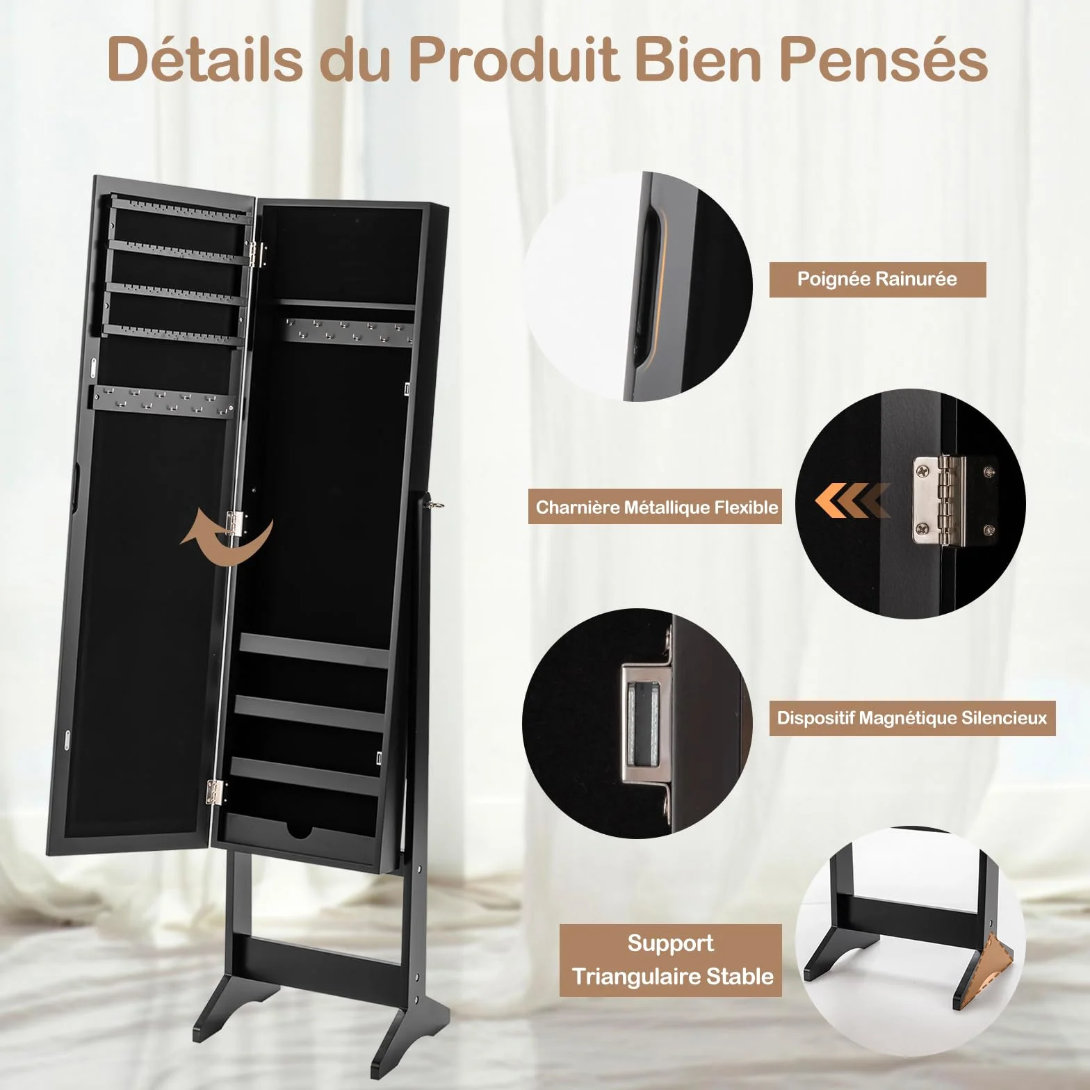 GOPLUS Armoire à Bijoux sur Pied avec Miroir Inclinable, Grand Rangement, Noir