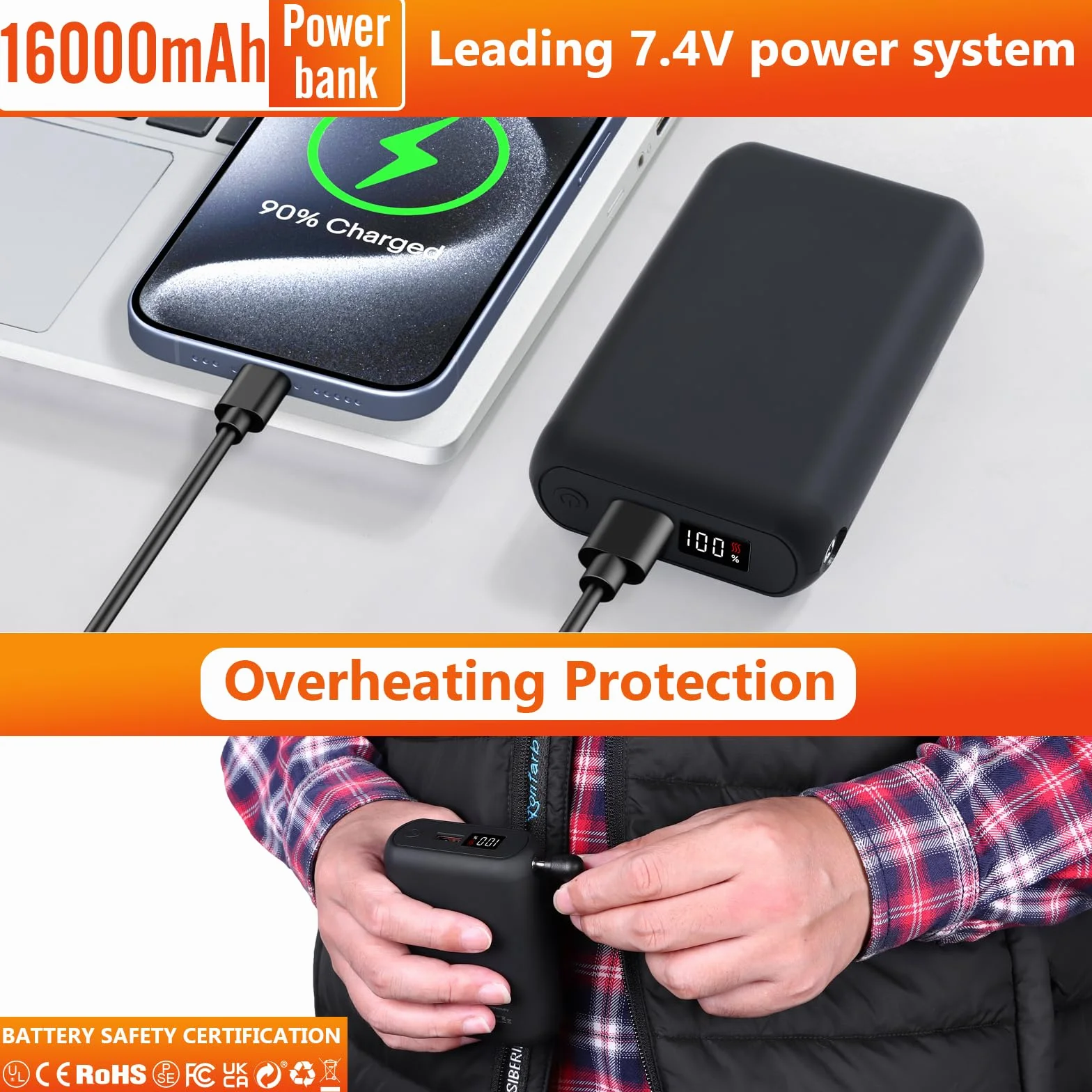 Tonfarb Gilet Chauffant Homme Veste Chauffante Batterie Rechargeable 7.4V 16000mAh USB 6 Zones Chauffage 3 Niveaux Température Moto Plein Air Randonnée