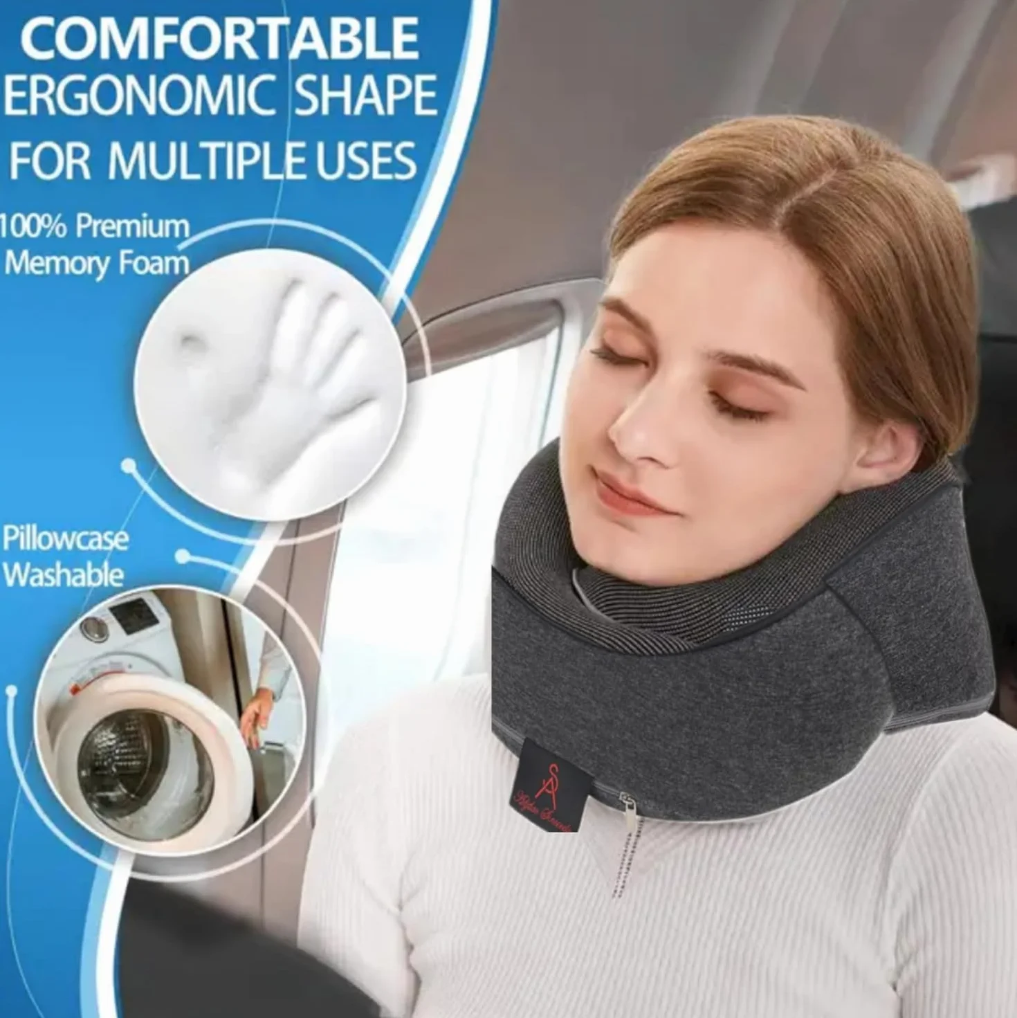Kit Voyage 2 Personnes Gris 2 Coussins Mémoire de Forme 2 Masques Sommeil 2 Bouchons Anti-Bruit Oreiller Cervical Confort Avion Train