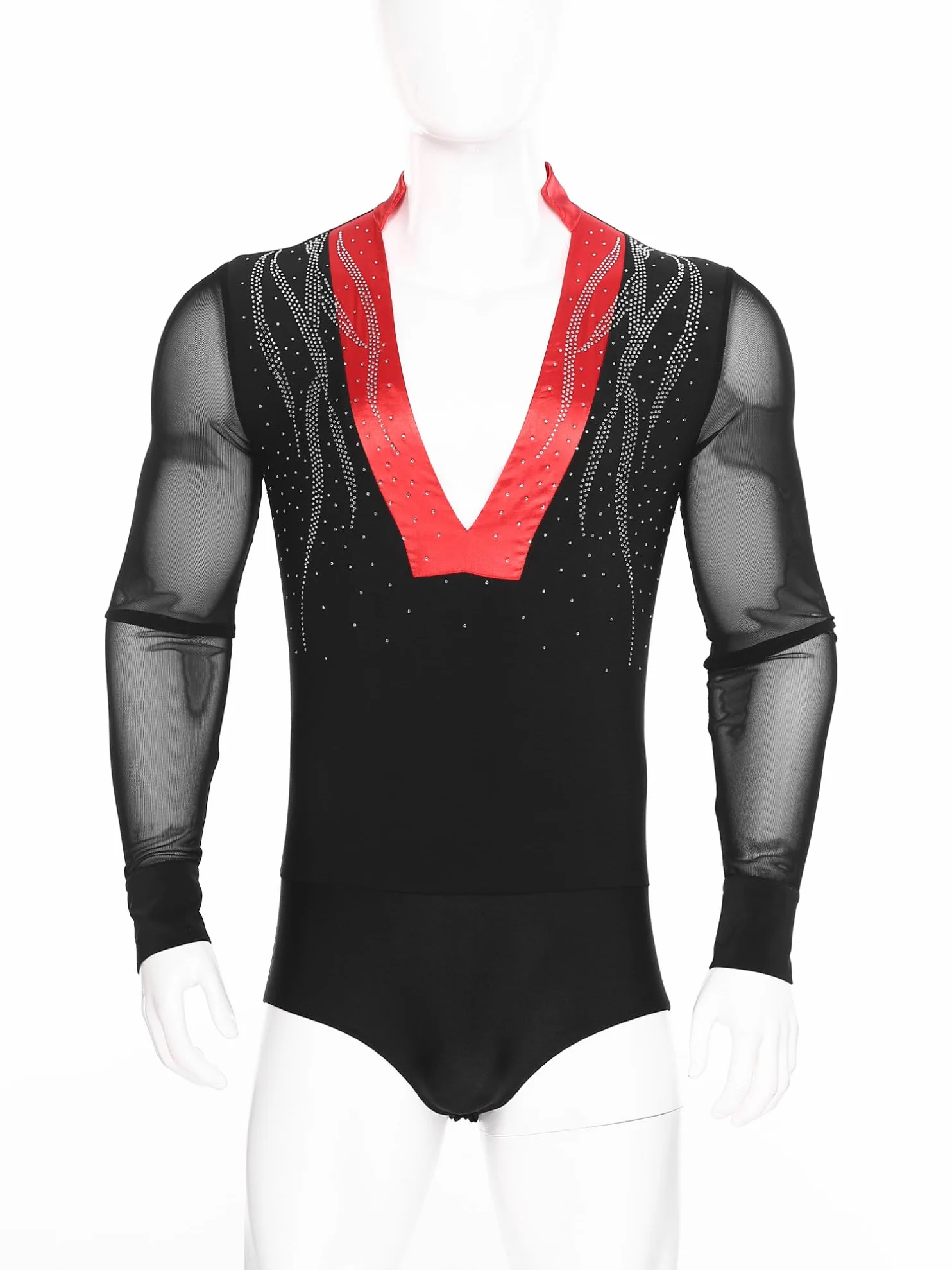 Justaucorps de Gymnastique Homme Strass Bodysuit Manches Longues Leotard Danse Ballet Combinaison Patinage Artistique