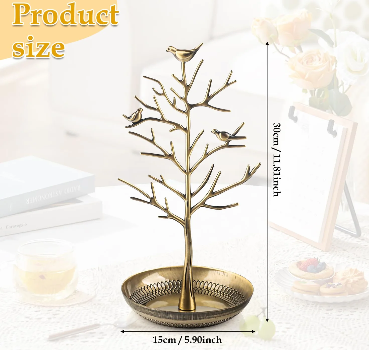 Arbre à Bijoux en Metal avec Socle Bambou, Porte-Bijoux Présentoir