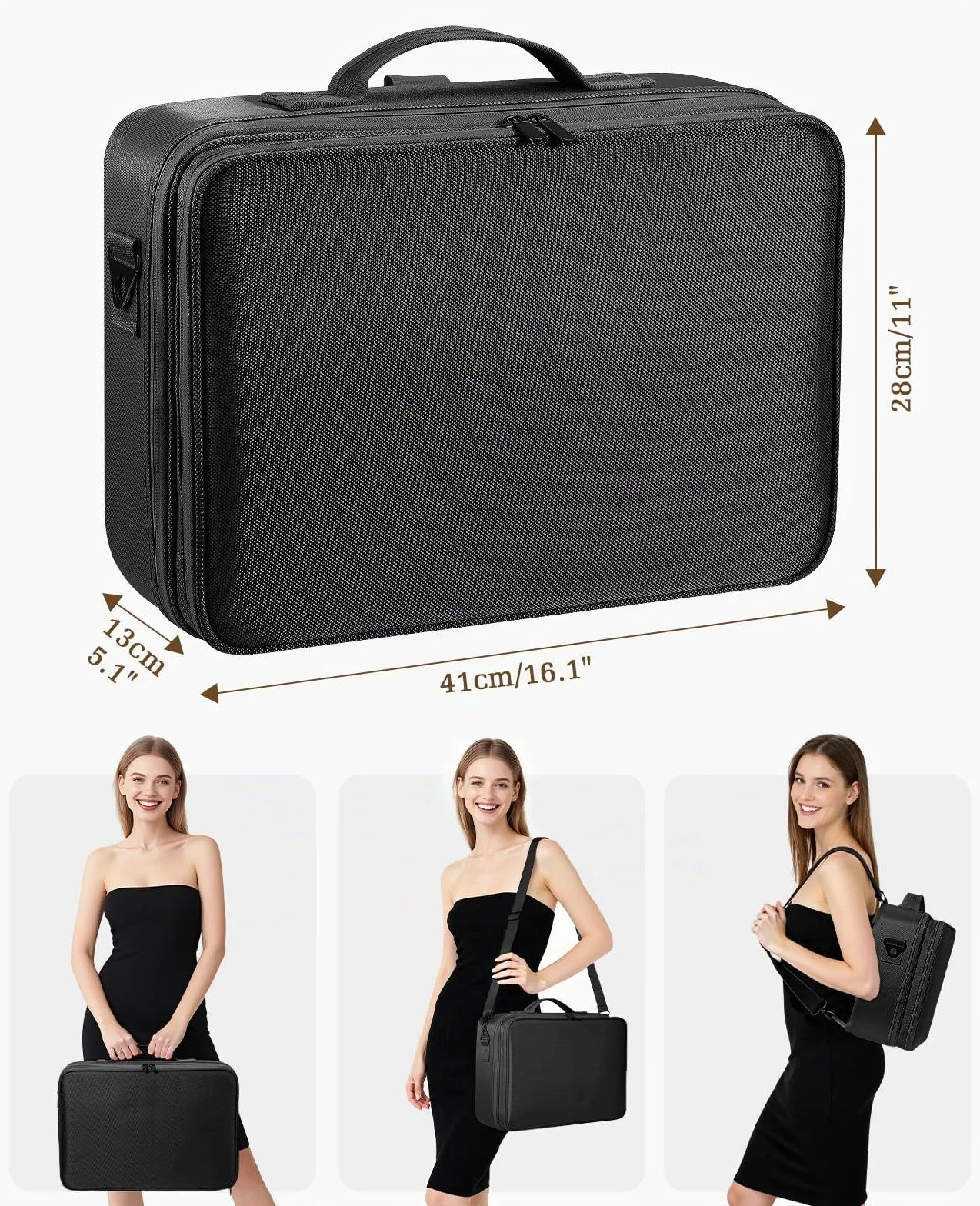 Luxspire Malette Maquillage Femme Trois Étages Portable Miroir Valise Sac Toilette Compartiment Réglable Noir