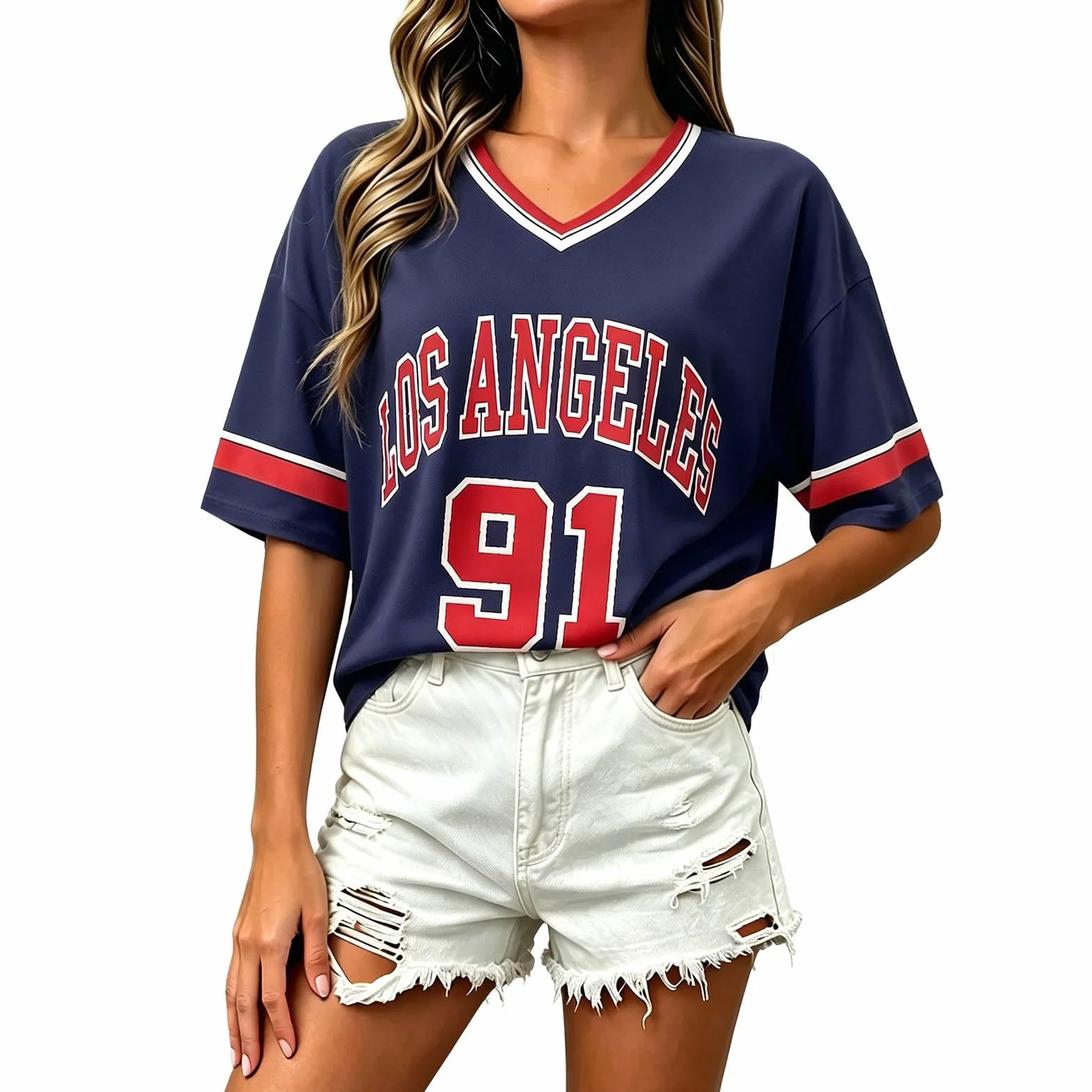 Los Angeles T-Shirt de Baseball surdimensionné pour Femme avec Bordure Graphique à Rayures Col en V Streetwear