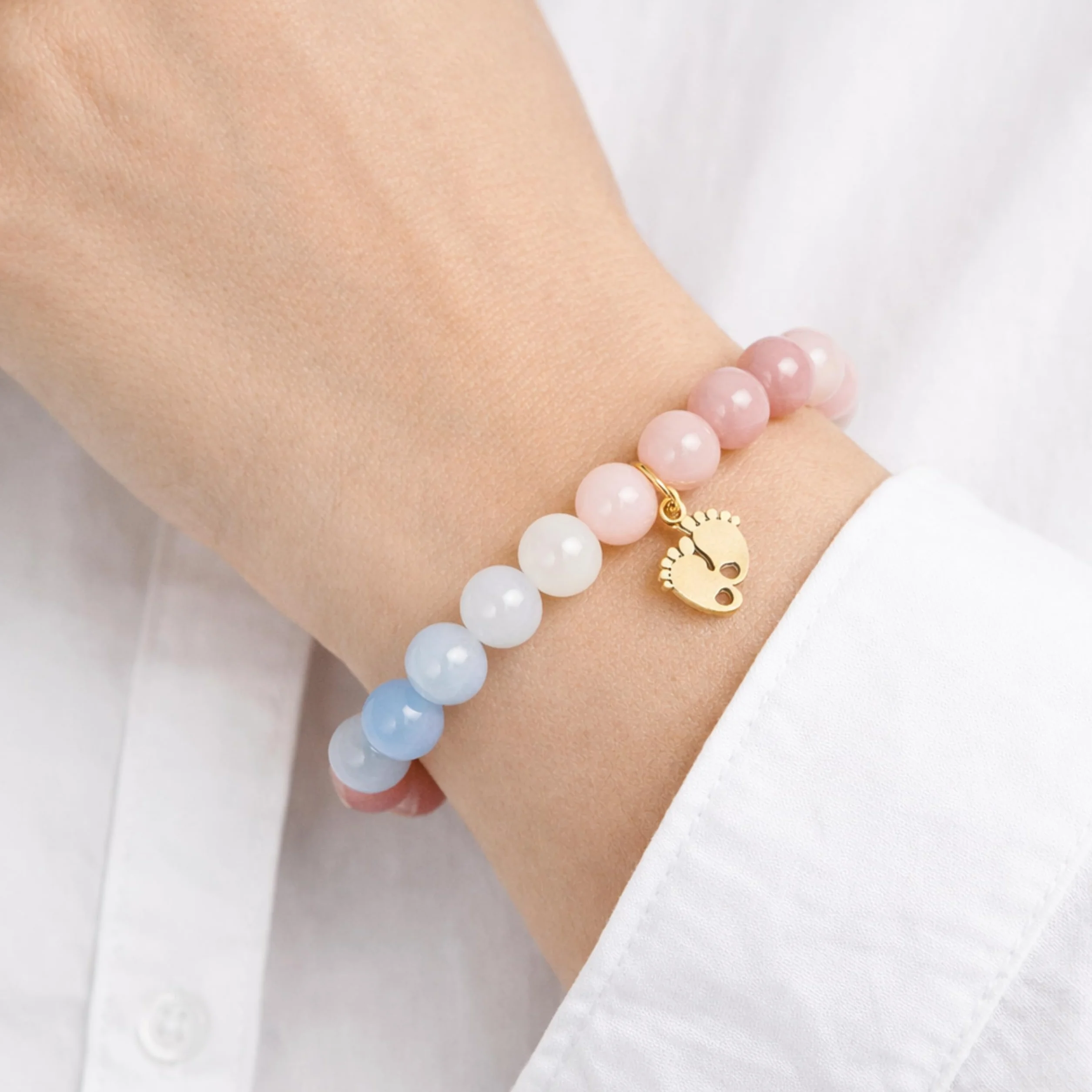Bracelet Pierre Naturelle Future Maman Breloque Pied Bébé Dorée Rhodonite Quartz Cadeau Femme Enceinte Fait Main Coffret