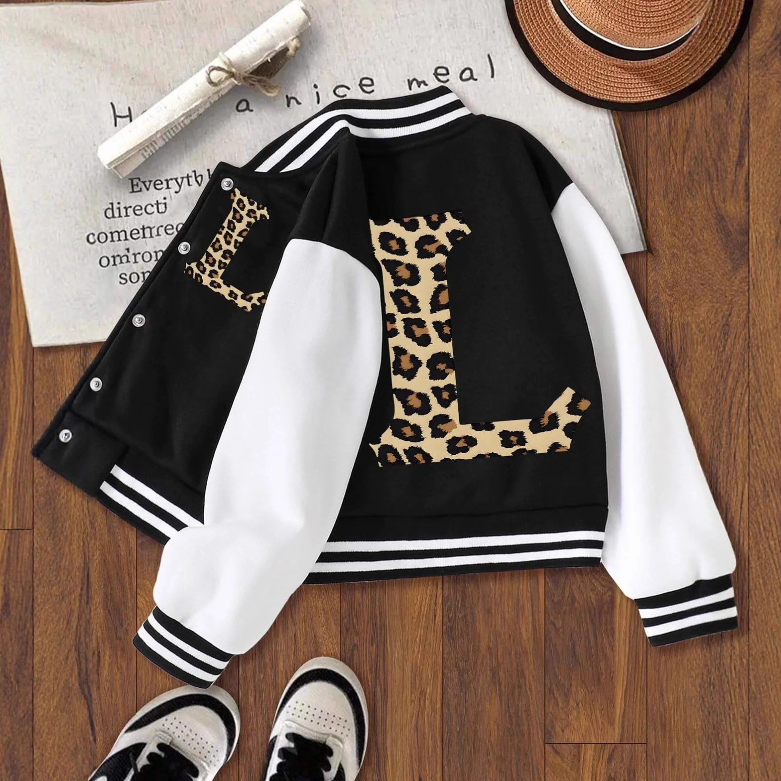 Veste de baseball scolaire élégante pour fille avec impression léopard et lettrage automne printemps