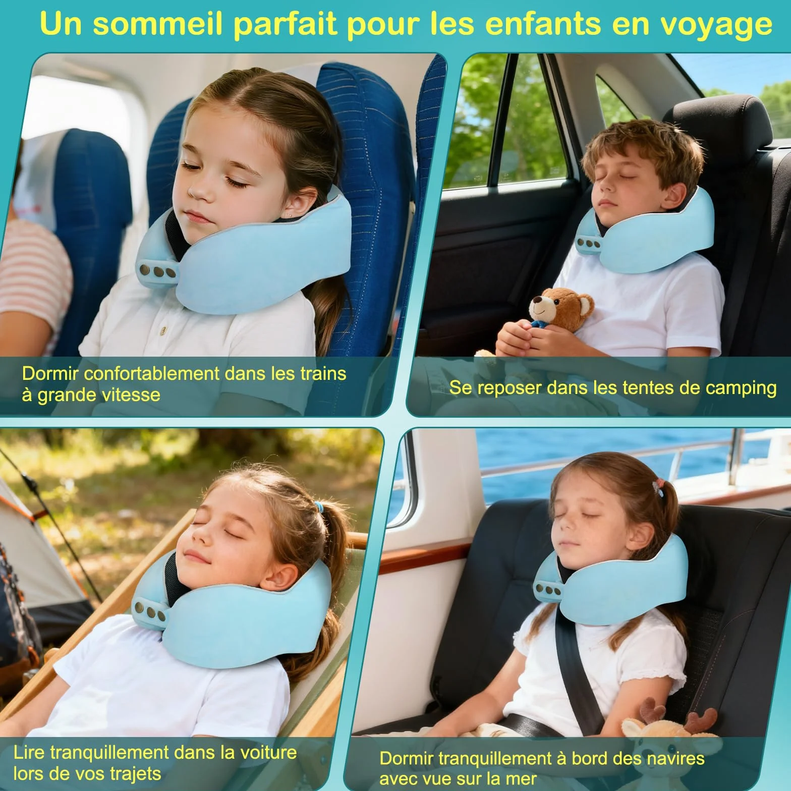 Coussin de Voyage Enfant Adulte Mousse à Mémoire 220 g Soutien 360° Réglable Pliable Avion Train Voiture Bleu