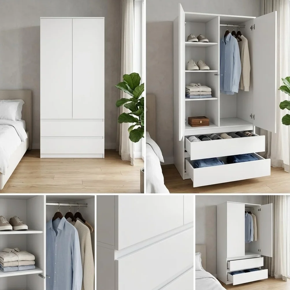 Meble Masztalerz Armoire Chambre Enfant 2 Tiroirs 90 cm Penderie Vetement Dressing Rangement Blanc 180x90x50 cm