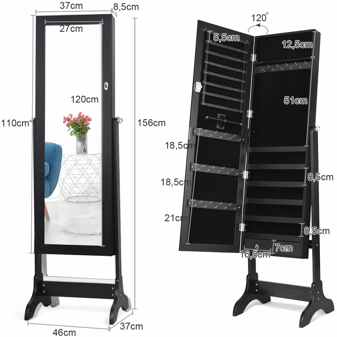COSTWAY Armoire à Bijoux sur Pied avec Miroir Pivotante 4 Niveaux 8 Étagères Rangement Bijoux Noir