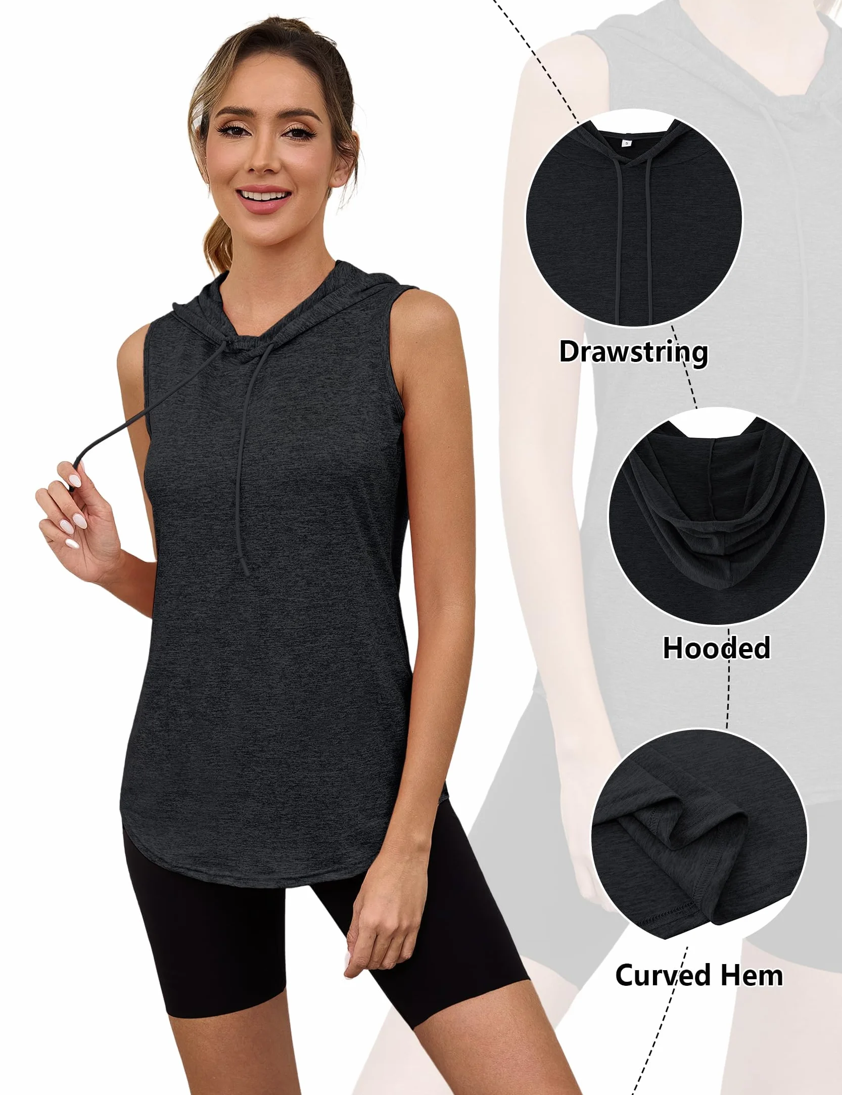 Femme Débardeur Sport sans Manches Capuche Cordon Ajustable T-Shirt Été Léger Respirant Fitness Yoga