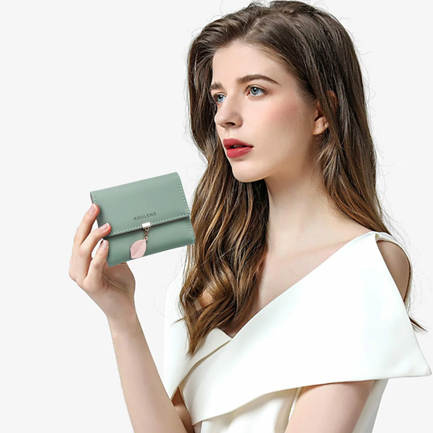 Portefeuille Femme Cuir Synthétique Blocage RFID Porte-Monnaie Boutons-Pression Forme Feuille