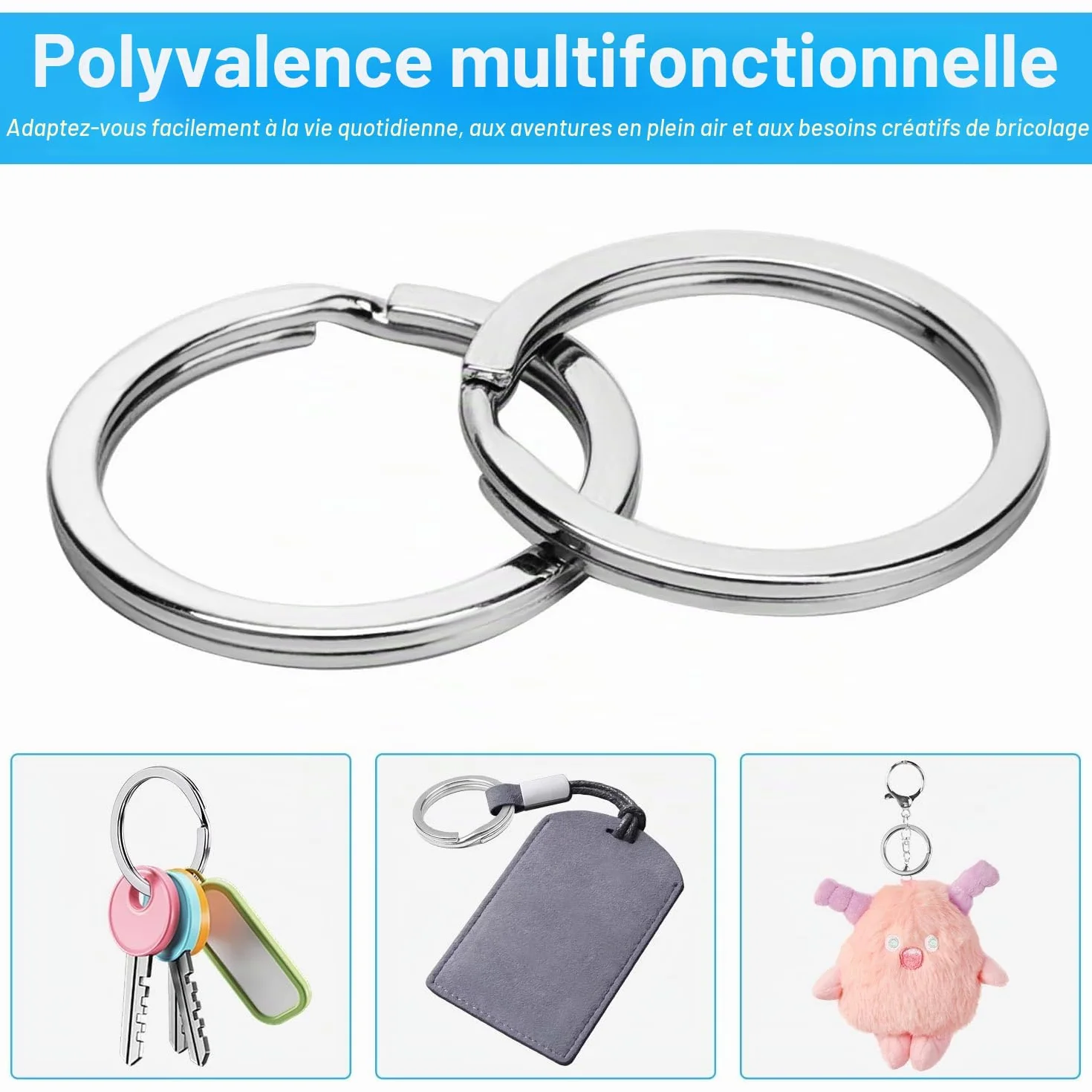 Porte-clés en Acier Inoxydable 30 mm, Lot de 50 Anneaux Porte Clés Plats et Sûrs