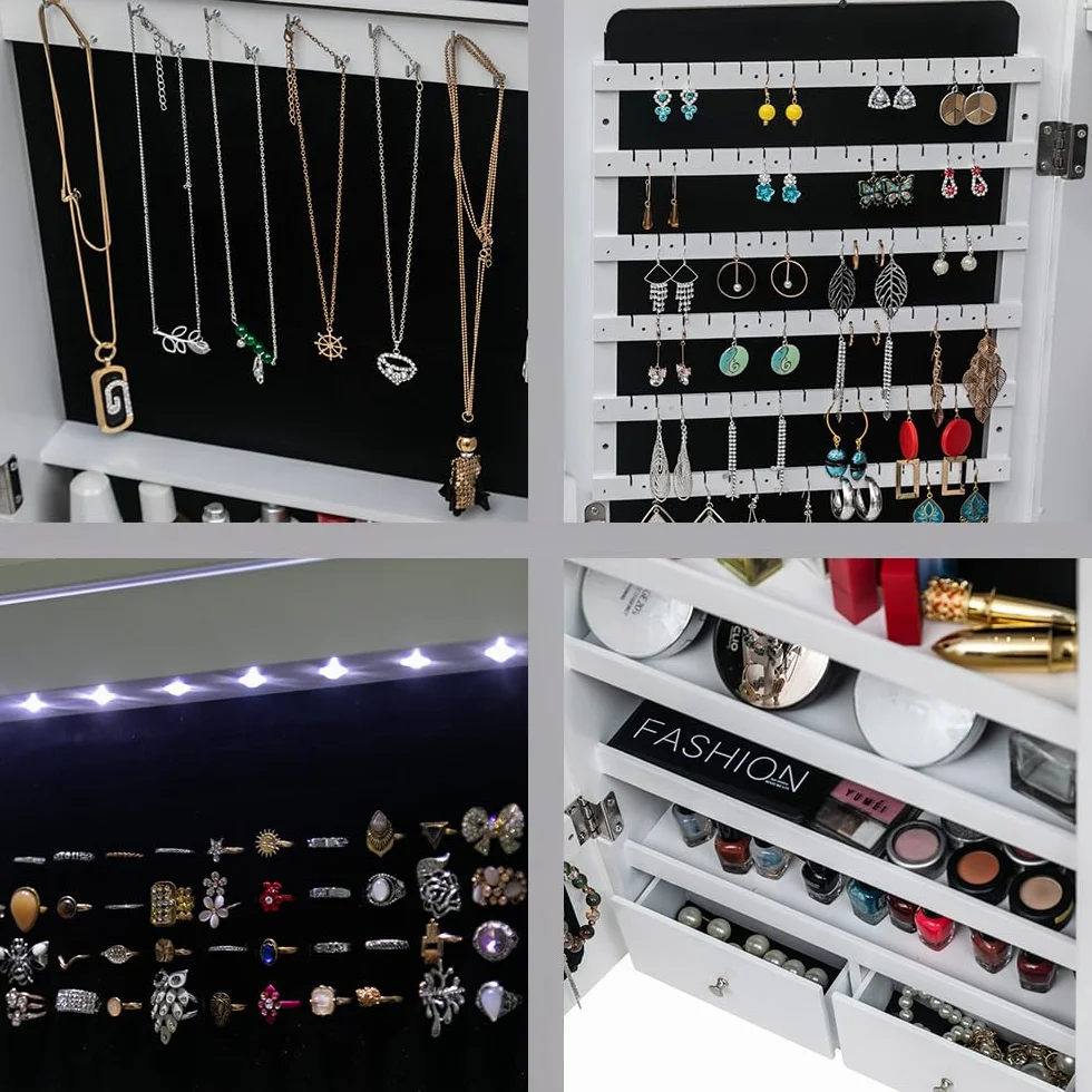 LEADZM Armoire à Bijoux avec Miroir, Meuble de Rangement Mural, Organisateur Verrouillable, Blanc Boisé