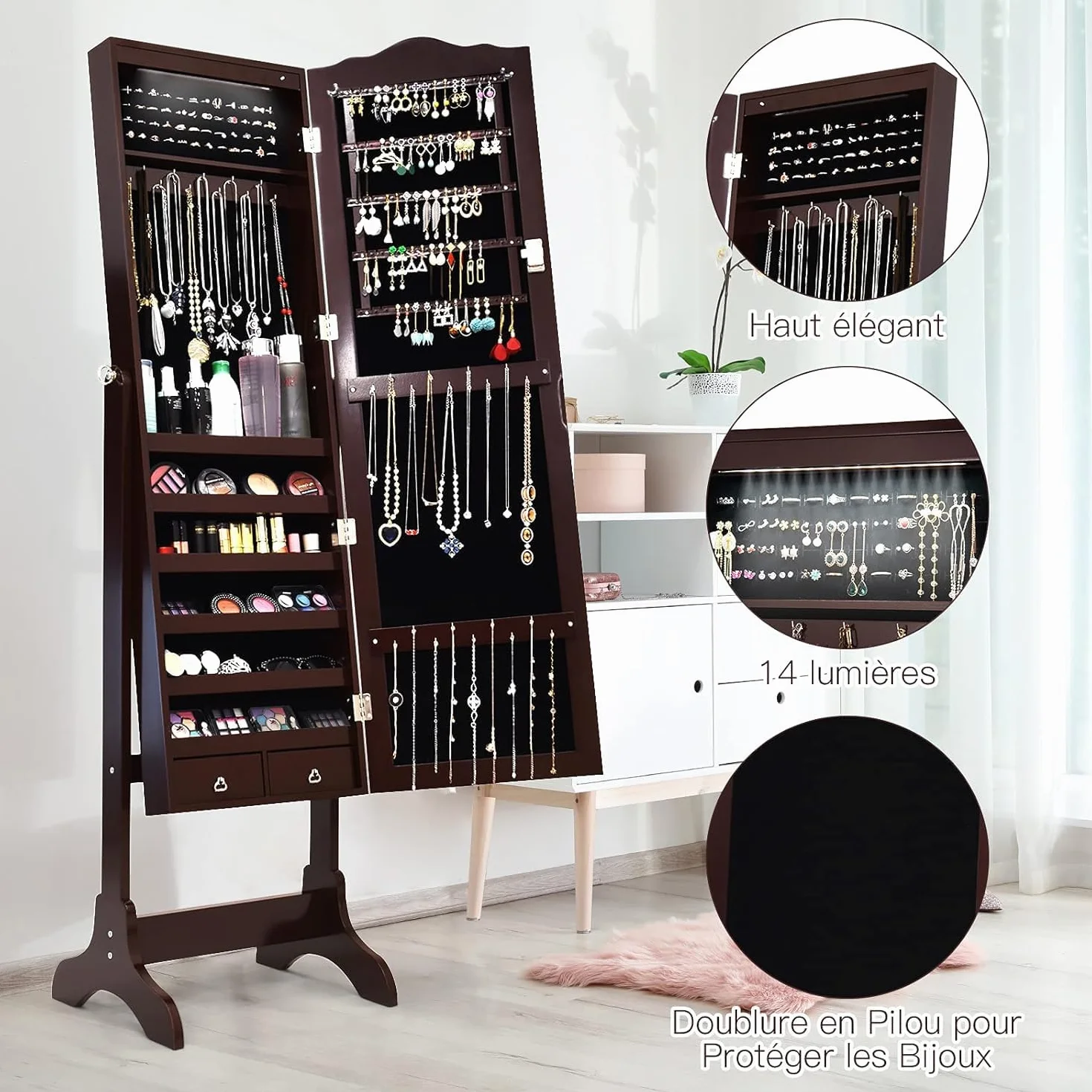 GOPLUS Armoire à Bijoux avec Miroir, 2 en 1, 14 Lumières LED, 6 Étagères, Meuble Bijoux Verrouillable en Bois, Brun