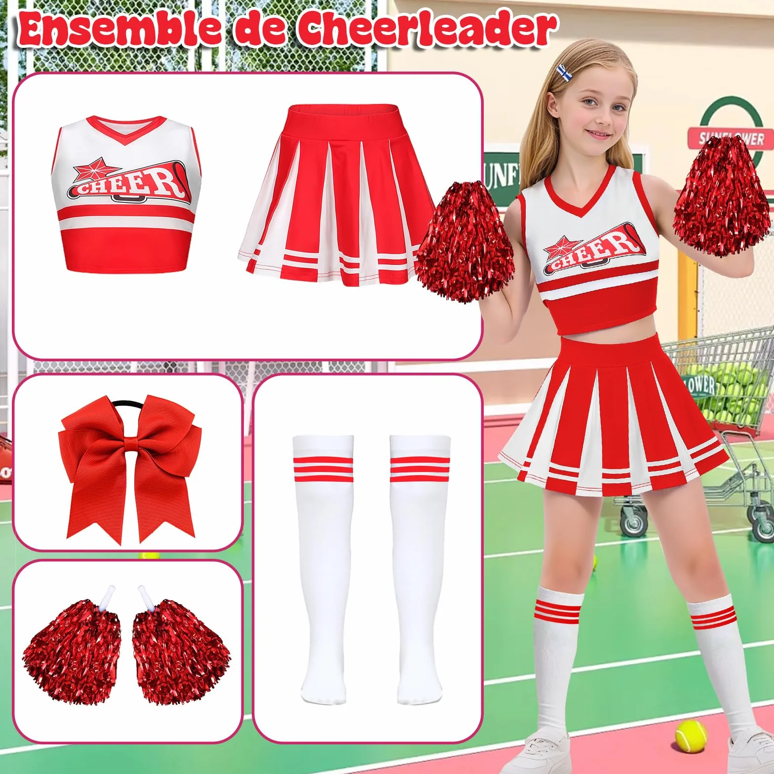Deguisement Pompom Girl Cheerleader avec Pom Poms Noeud Chaussettes Costume Enfant Uniforme Carnaval Halloween