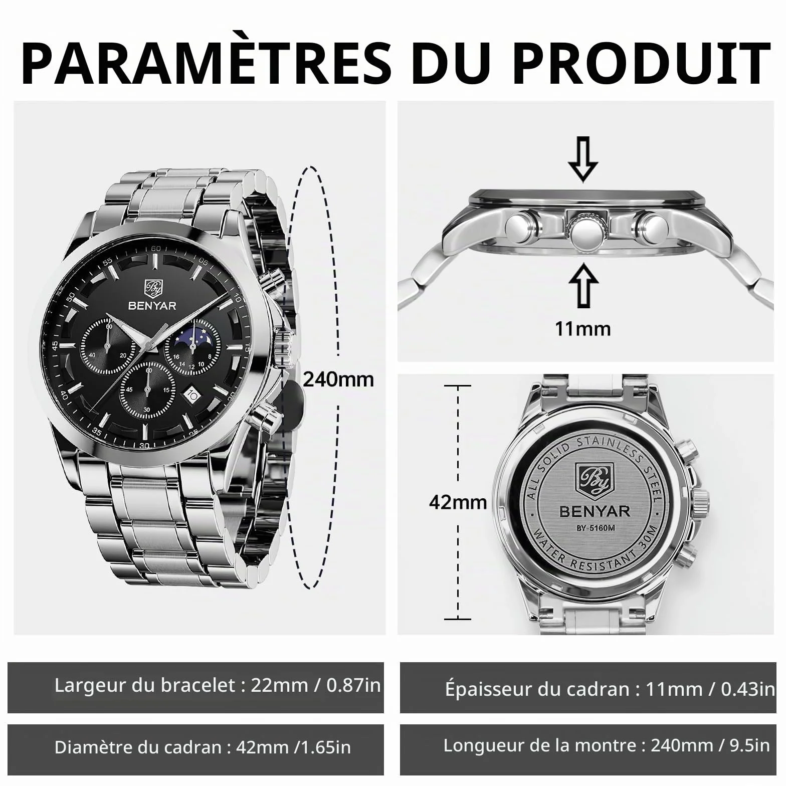 Montre Homme Chronographe Etanche Lumineuse Date Grand Cadran Quartz BENYAR