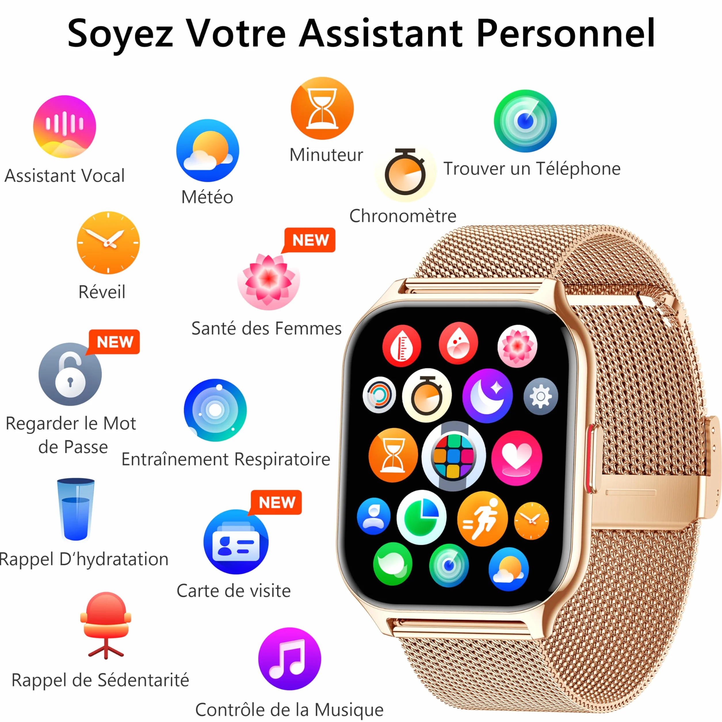 Montre Connectée Femme Homme avec Appel Bluetooth 2,0" HD Smartwatch 100+ Sportifs Moniteur de Sommeil Cardiofréquencemètre Tension Artérielle SpO2 Montre Podometre pour iOS Android