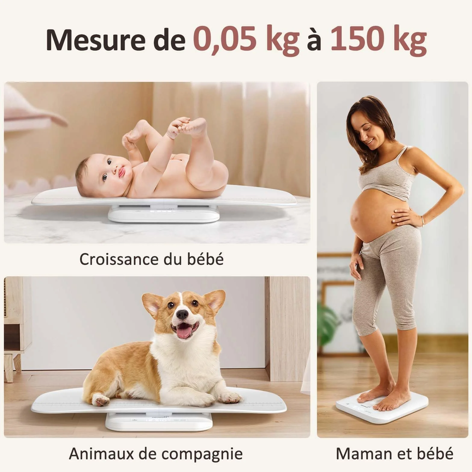 Grownsy Pèse Bébé Numérique avec Plateau Amovible, 150kg, Mesure Taille 70cm, écran LED