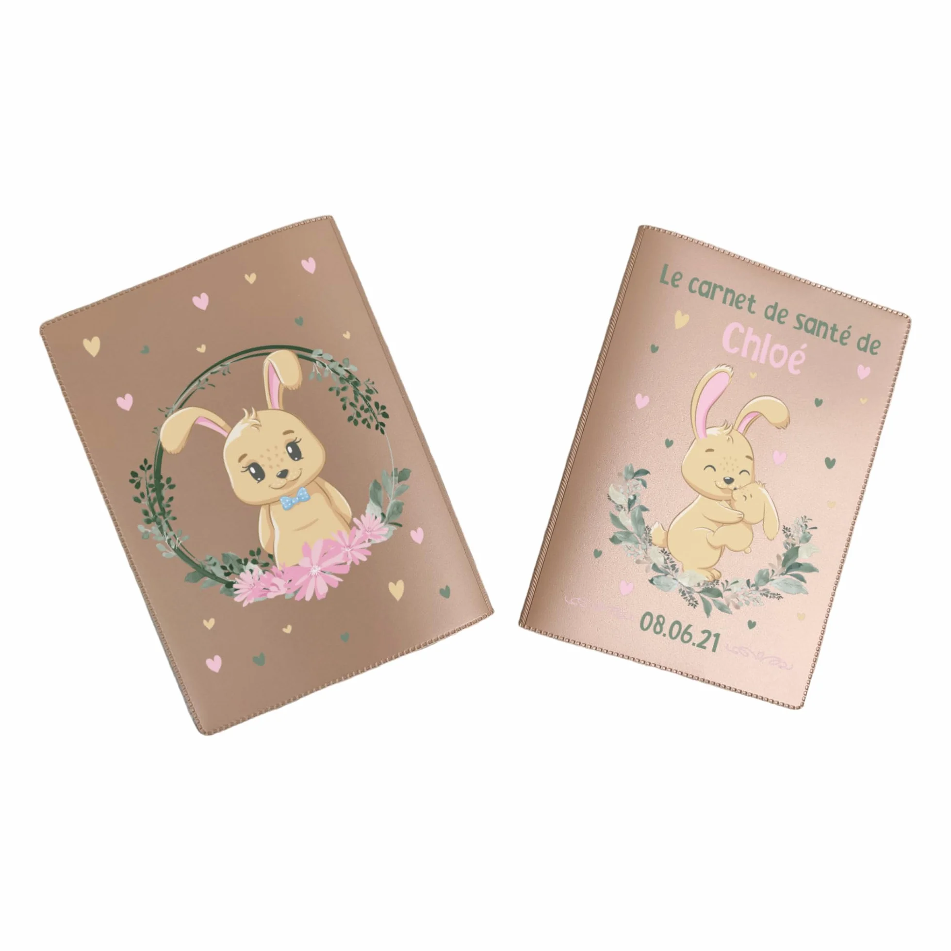 Protège carnet de santé personnalisé bébé, couverture lapin naissance original Nacré Ambre