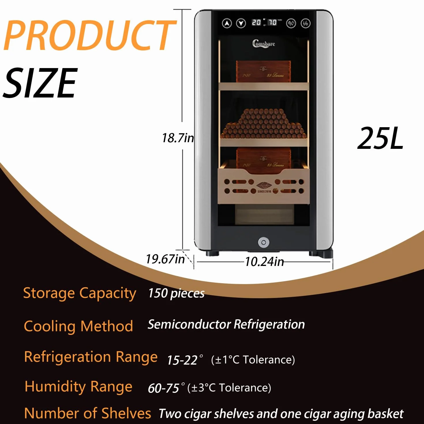 Cave à cigares électrique 25L, contrôle humidité température, verrouillable, 150 cigares, tiroirs cèdre Espagnol