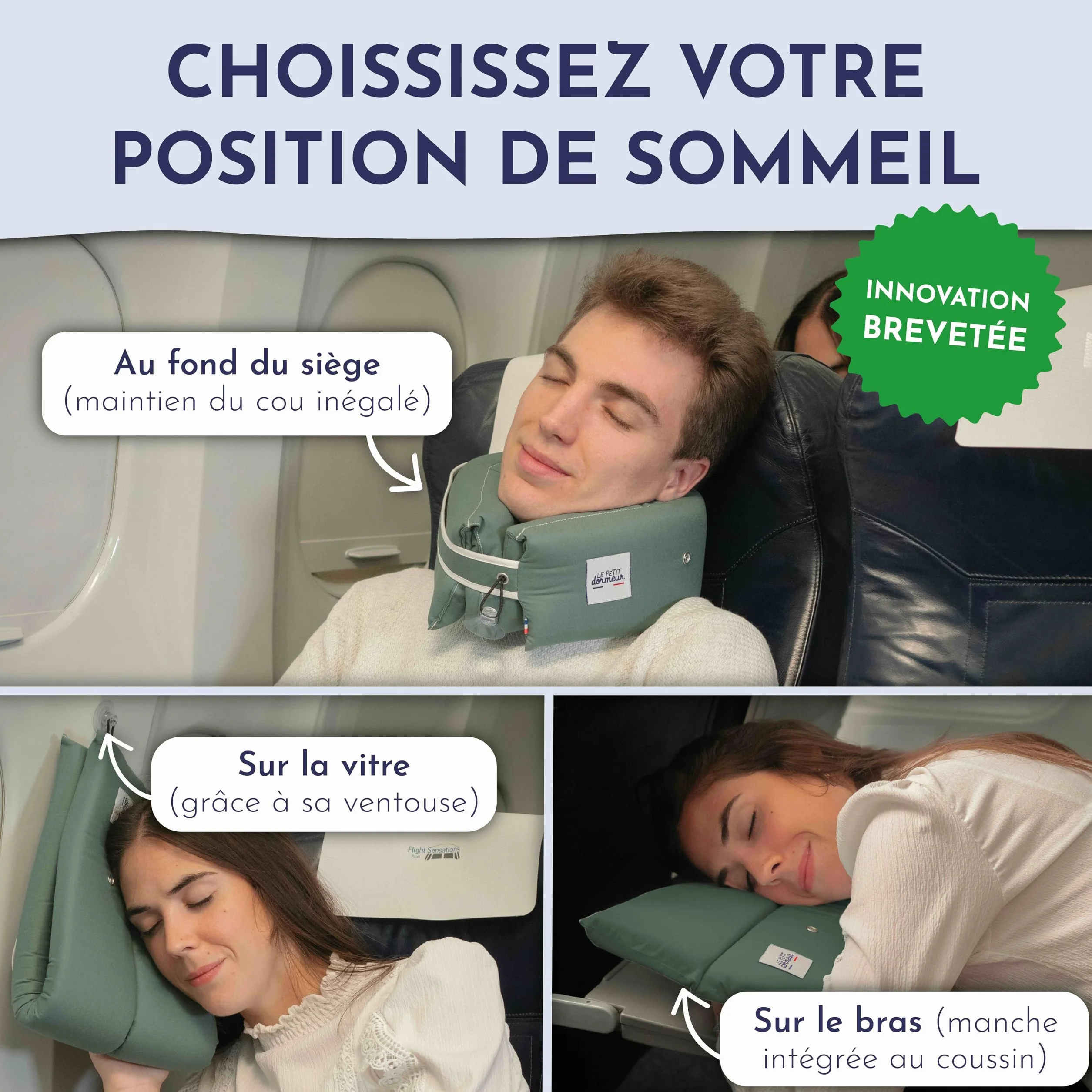 Coussin de Voyage 3 en 1 Ergonomique - Oreiller Avion Ultra Confort - Fabriqué en France - Lavable en Machine