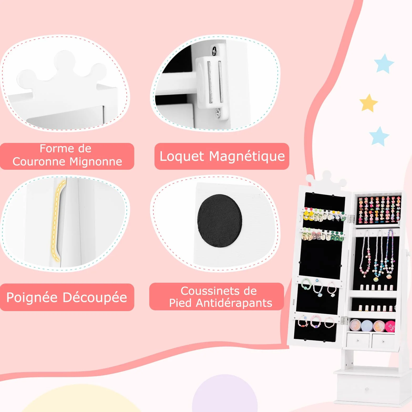 COSTWAY 2 en 1 Armoire à Bijoux Enfants avec Miroir, Organisateur Couronne 3 Tiroirs, Charge 10kg, Blanc