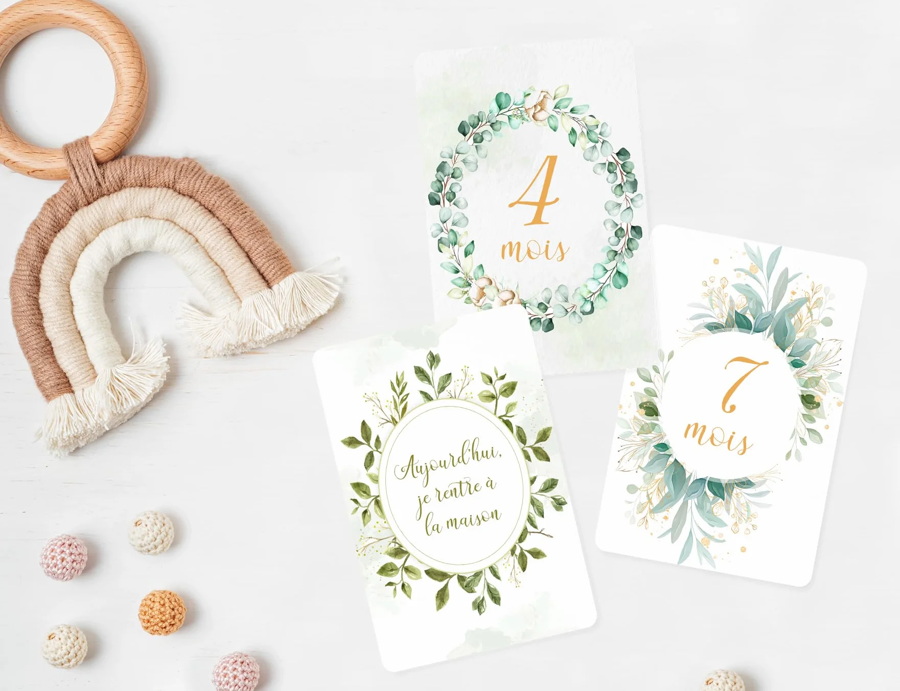 Cartes Étape Bébé Floral Vert – 14 Cartes Souvenir Mois par Mois – Cadeau Naissance Original