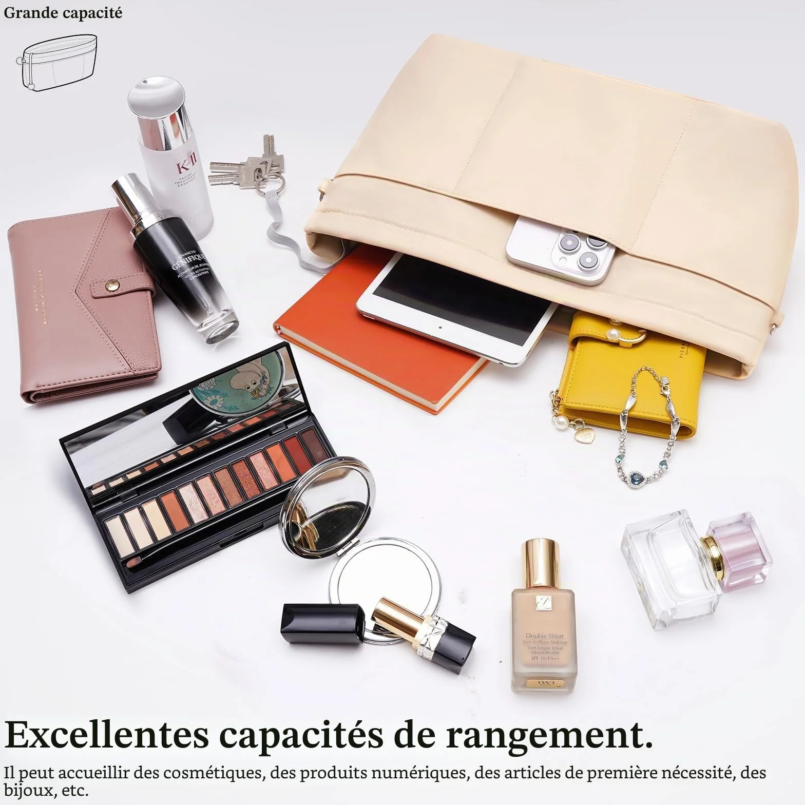 Organisateur de Sac à Main en Nylon pour Femmes, Bag In Bag Pochette de Rangement avec Fermeture éclaire, Beige
