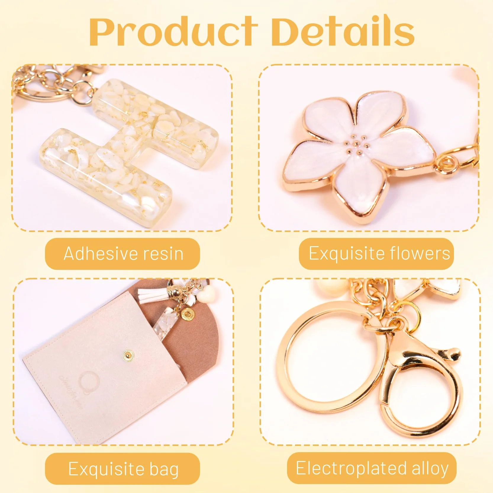 Porte-clés Lettre Initiale en Résine avec Pendentif Amour et Pampille pour Femme