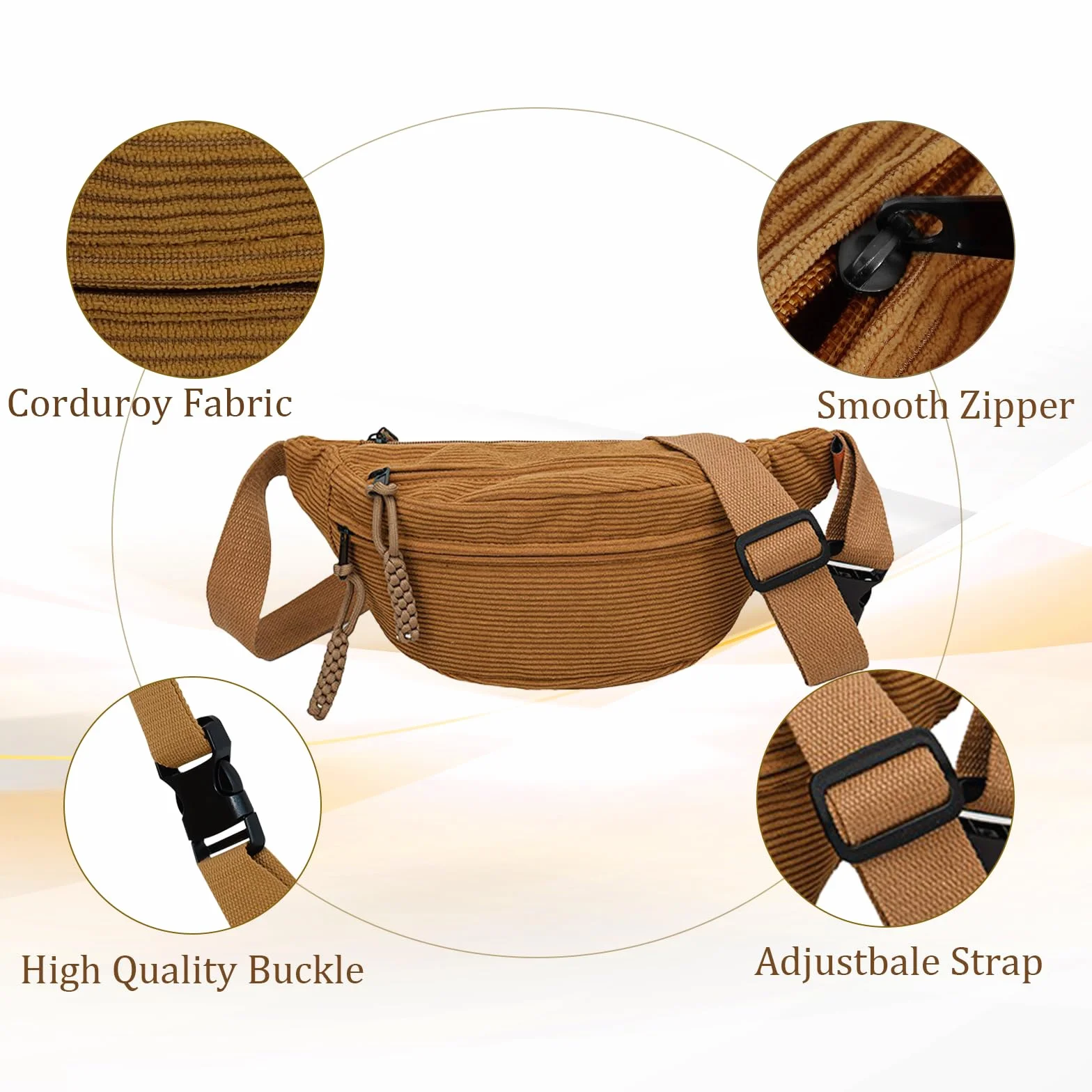 Sac Banane Velours Côtelé Sangle Réglable Polyvalent pour Femme Homme Shopping Voyage Travail Noir