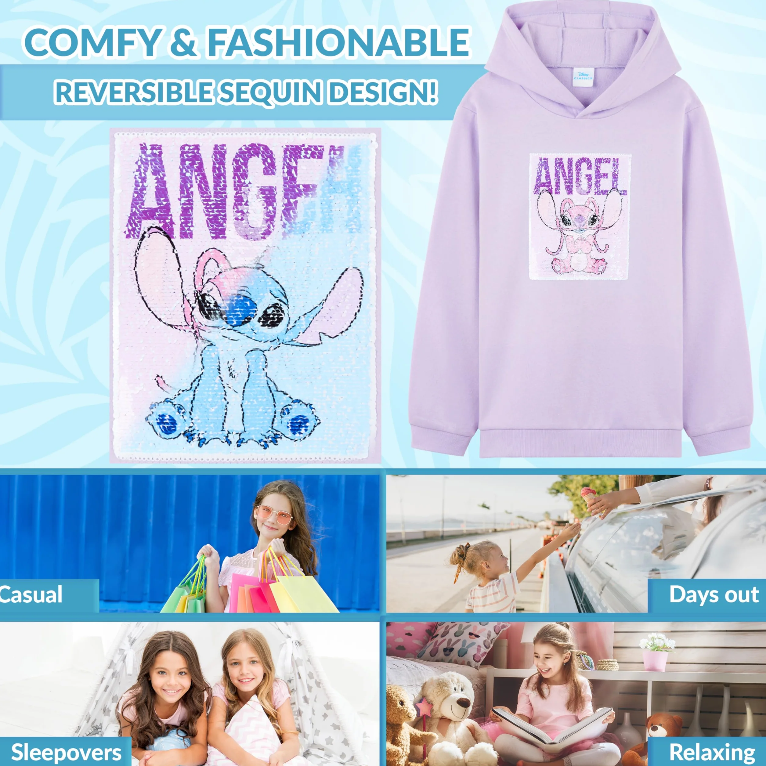 Disney Stitch Sweat à Capuche Fille Ado Mode Pull Chaud Hoodie Sequins Réversibles Cadeau Enfant