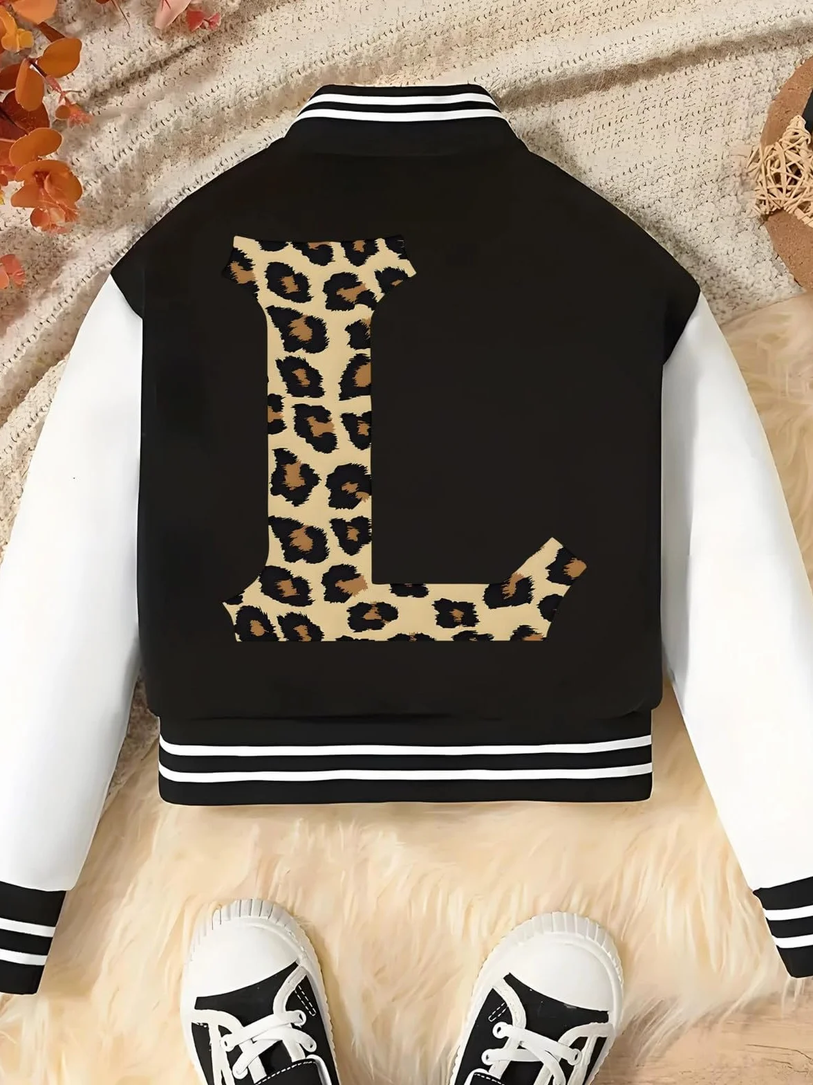 Veste de baseball scolaire élégante pour fille avec impression léopard et lettrage automne printemps