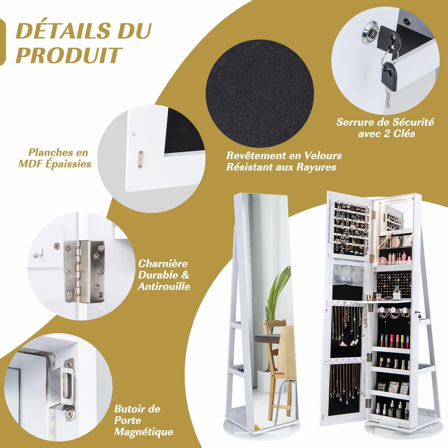 GOPLUS Armoire à Bijoux avec Miroir sur Pied, Rotative 360° Lumière LED 3 Couleurs, Verrouillable, Blanc