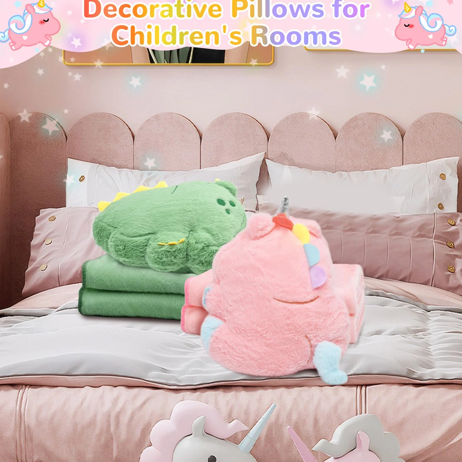 Cyiecw Unicorn Couverture à Coutures Coussinées 100x170 cm Oreiller 35x33 cm Peluche Enfants Cadeau Filles Garçons Rose