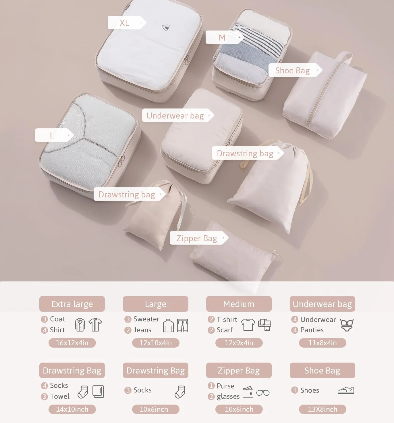Meowoo Organisateur Valise Lot de 8 Rangement Sacs de Voyage pour Vêtements Chaussures Cosmétiques Beige