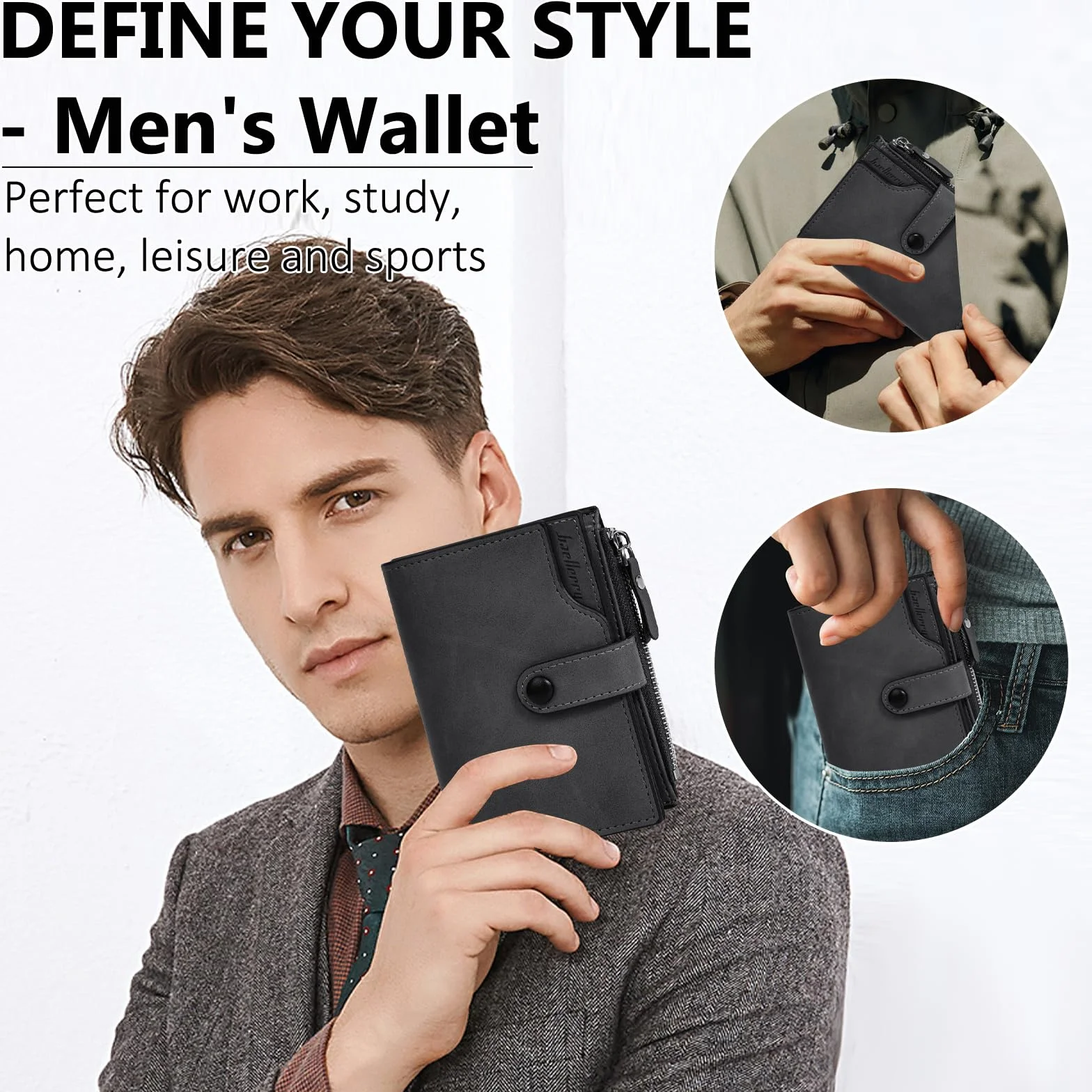 Portefeuille Homme RFID Bloquant Cuir PU avec 17 Porte Carte, Vertical Zippé Noir