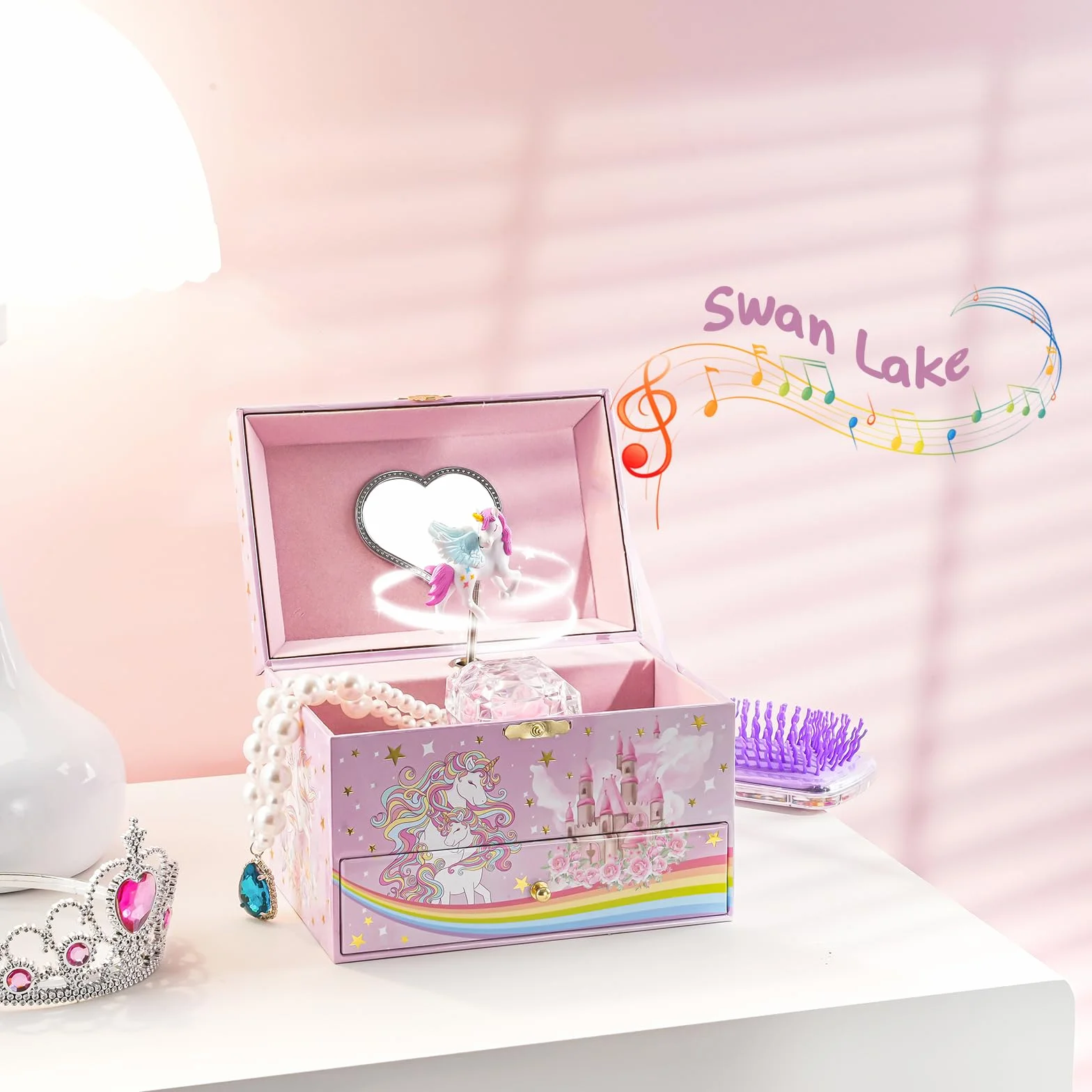 ProCase Boite à Bijoux Musicale Filles Licorne avec Miroir Swan Lake
