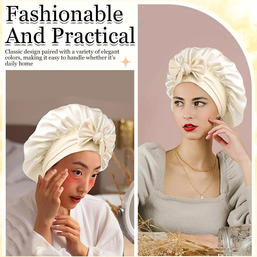 Bonnet en Soie Nuit pour Dormir, Bonnet de Nuit en Satin Ajustable, Bonet Soie Cheveux Femmes Couchage Maquillage (Blanc)