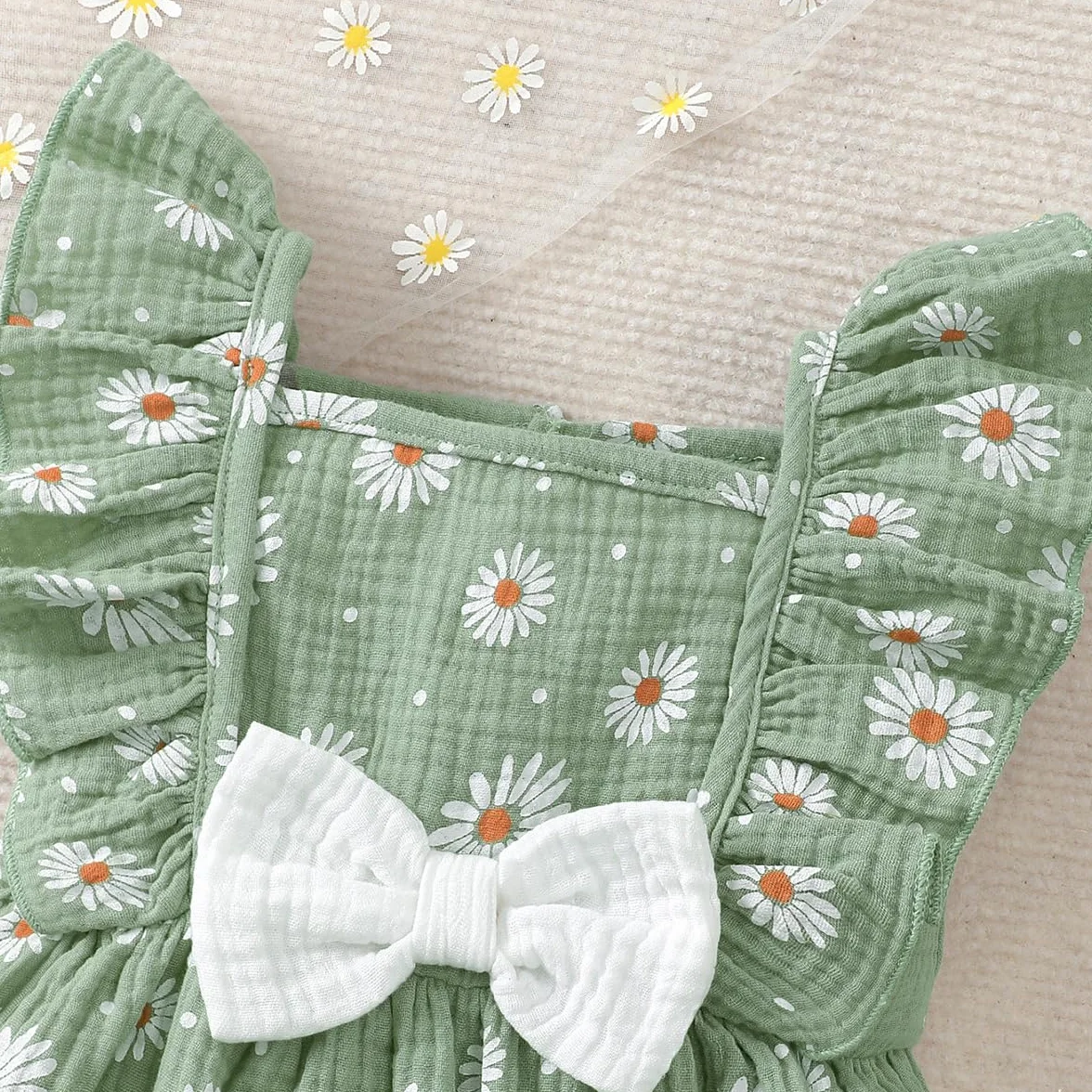 Robe en Coton et Lin pour Petites Filles Imprimée Cœurs Fleurs Manches à Volants Tenue Printemps Été