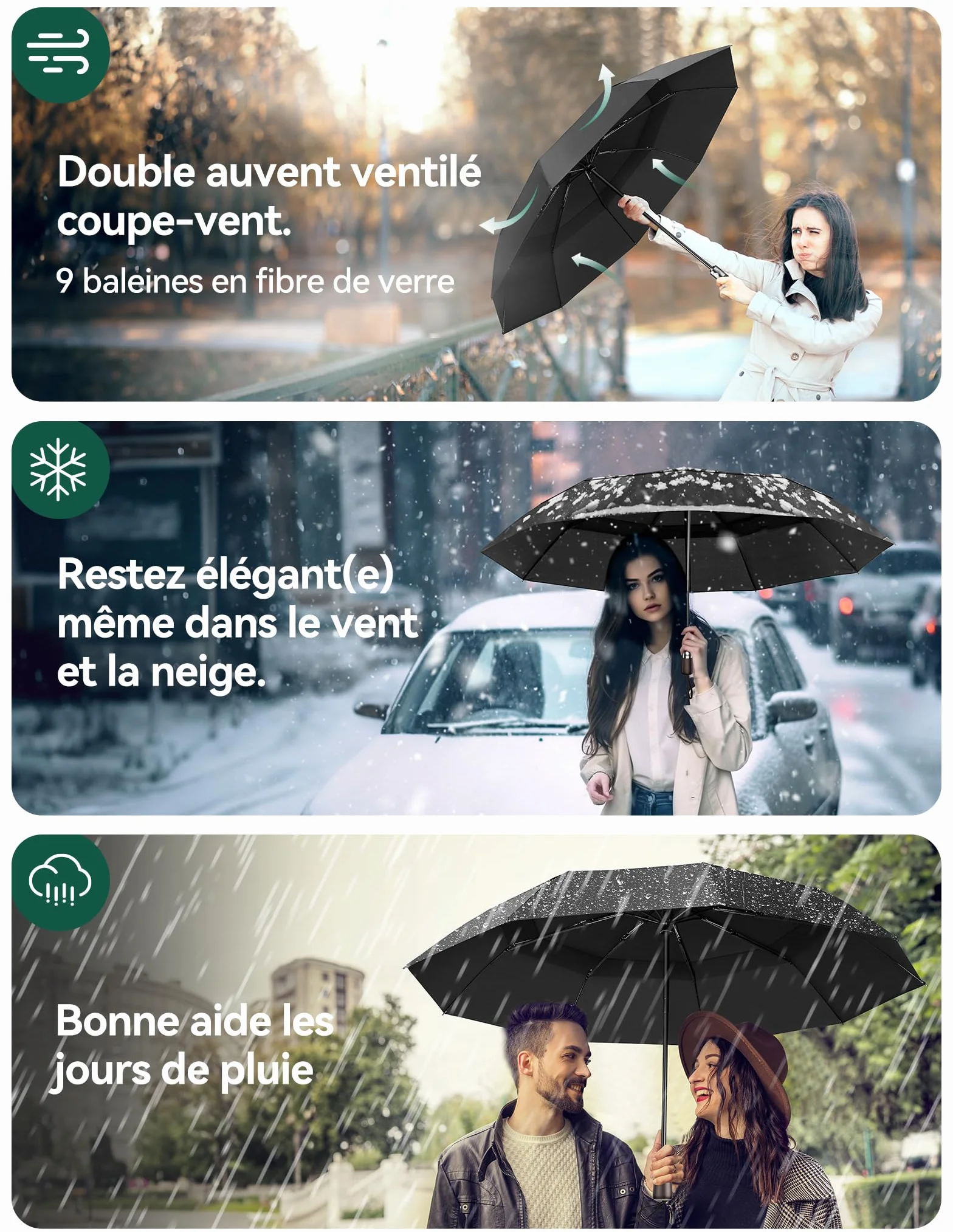 TECKNET Parapluie Pliant Automatique Compact Homme Voyage Revêtement Téflon 210T Anti-Tempête Double Toit Coupe-Vent Poignée Bois Véritable