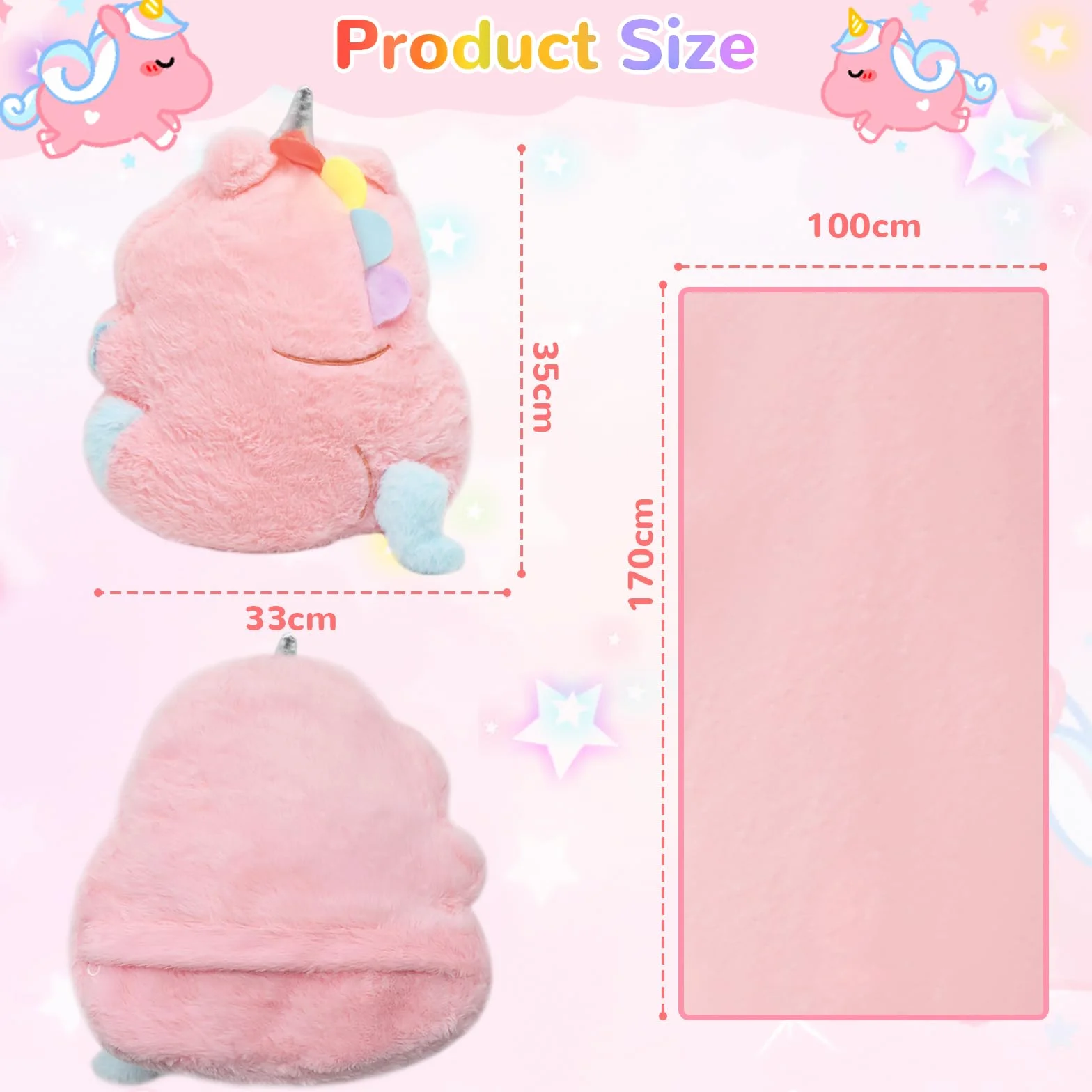 Cyiecw Unicorn Couverture à Coutures Coussinées 100x170 cm Oreiller 35x33 cm Peluche Enfants Cadeau Filles Garçons Rose