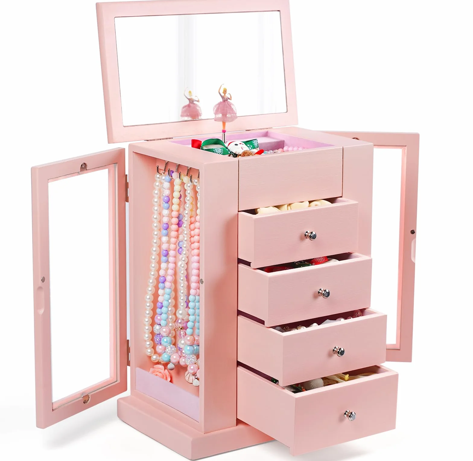 Boite a Bijoux Fille Musicale avec Danseuse en Rotation, 5 Niveaux, Bois, Cadeau Anniversaire (Rosa)
