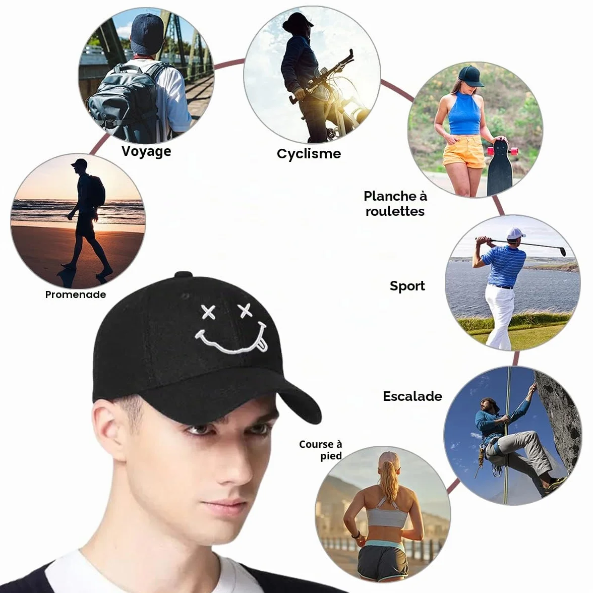 Casquette Baseball Enwokran Respirante Légère Réglable Unisexe Brodée Coton Anti-Soleil Sourire Hip Hop Sport Outdoor