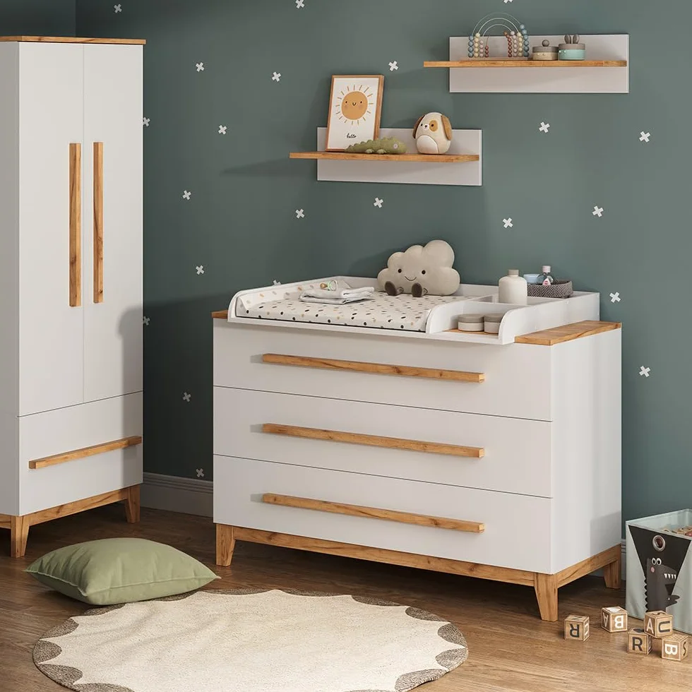 VitaliSpa Table à Langer Malia Blanc Artisan 133.2x98cm 3 tiroirs Plan à Langer Amovible Commode