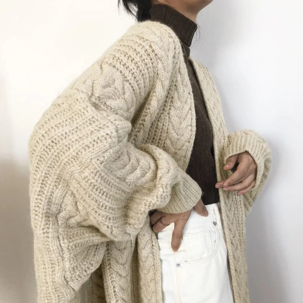 Cardigan Femme Vintage Beige Col V Lâche Manches Longues Pull Tricot Manteau Doux Chaud Mi-Long Taille Unique